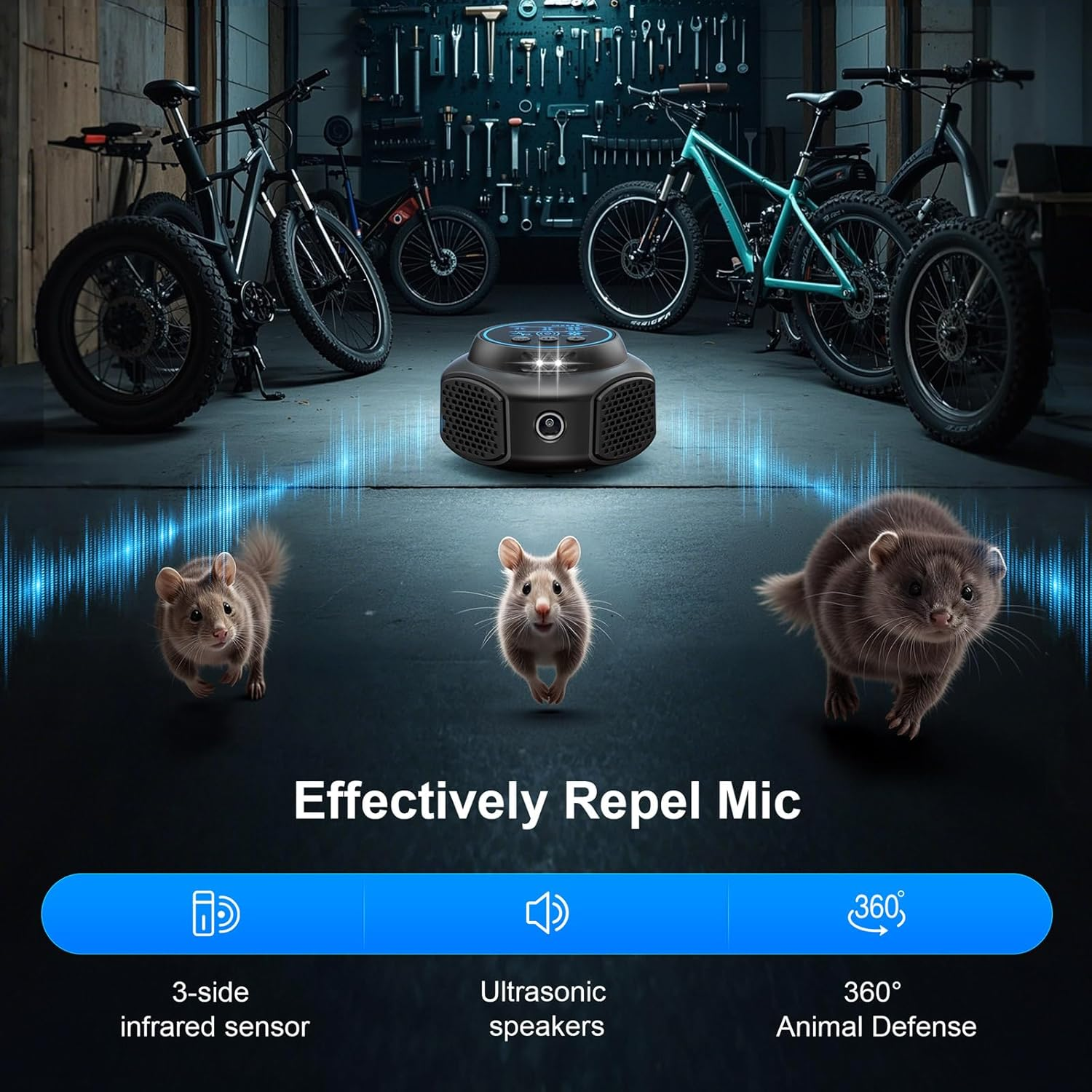 Ein Gerät und drei Nagetiere. Im Hintergrund Fahrräder. Text: 'Effectively Repel Mic'.