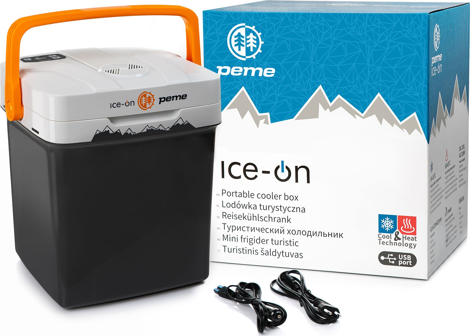 Un refrigerador blanco y negro con asa naranja. Una caja con montañas está a la derecha con el refrigerador.