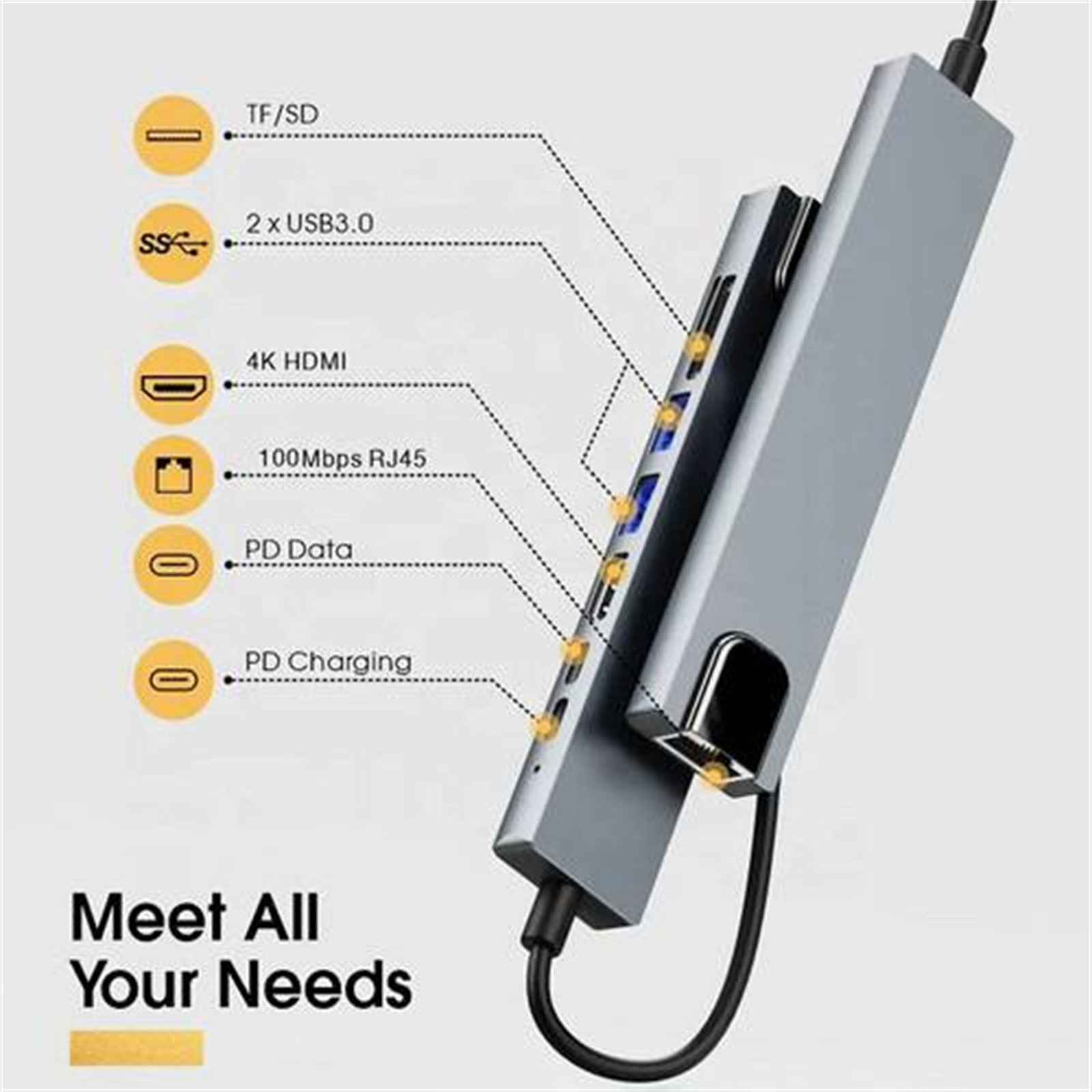 Ein silberner USB-Hub mit mehreren Anschlüssen wird vor hellem Hintergrund angezeigt. Text: Erfüllen Sie alle Ihre Bedürfnisse.