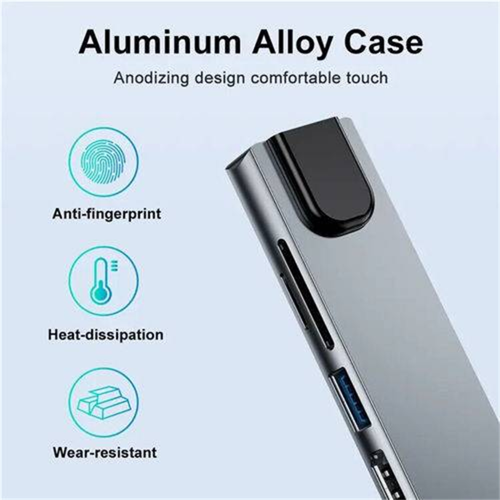 Silbernes Aluminiumgehäuse mit Symbolen für Fingerabdruck, Wärme und Verschleißfestigkeit.