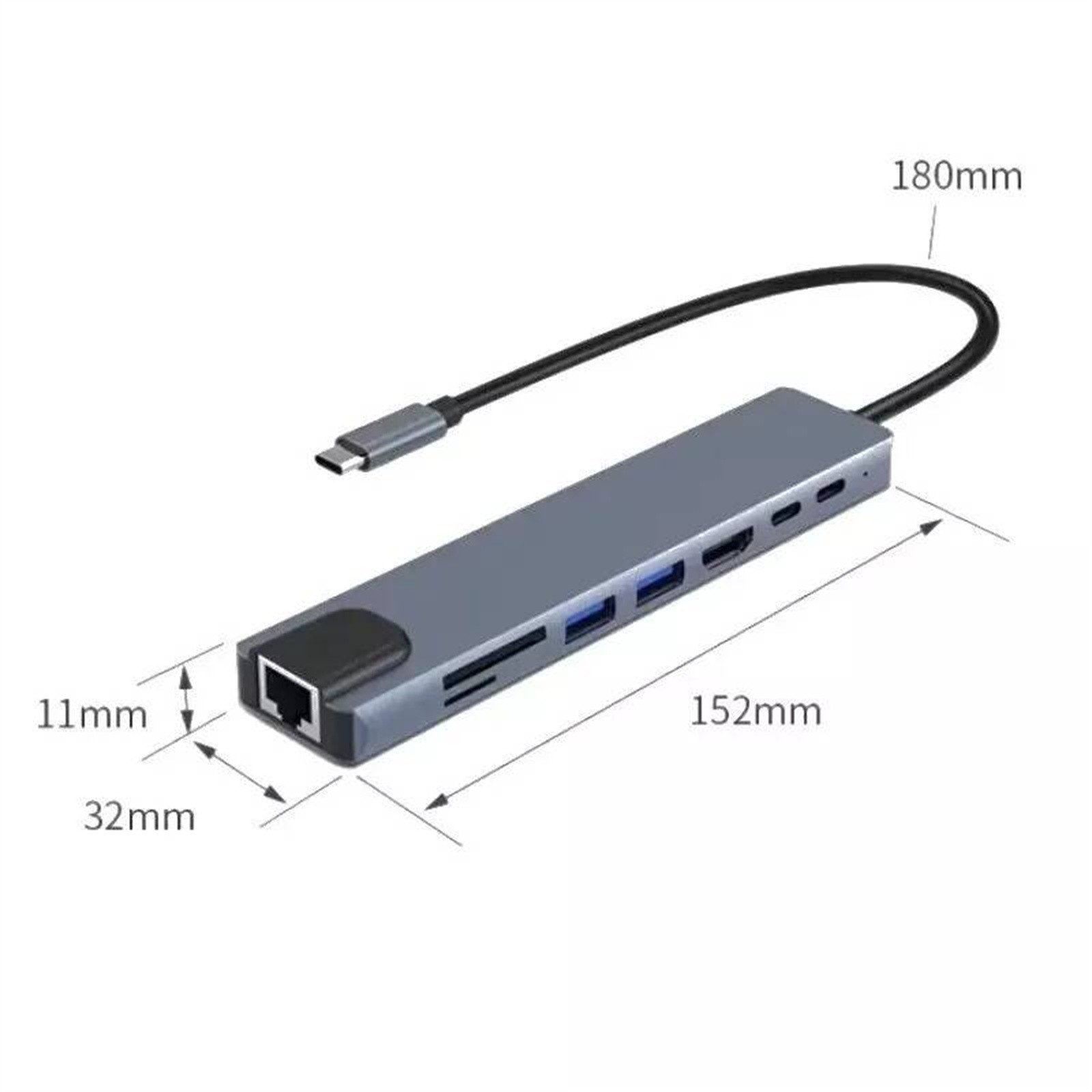 USB-C-Hub in Grau mit Abmessungen, einschließlich USB-, Ethernet- und anderen Anschlüssen, auf weißem Hintergrund.