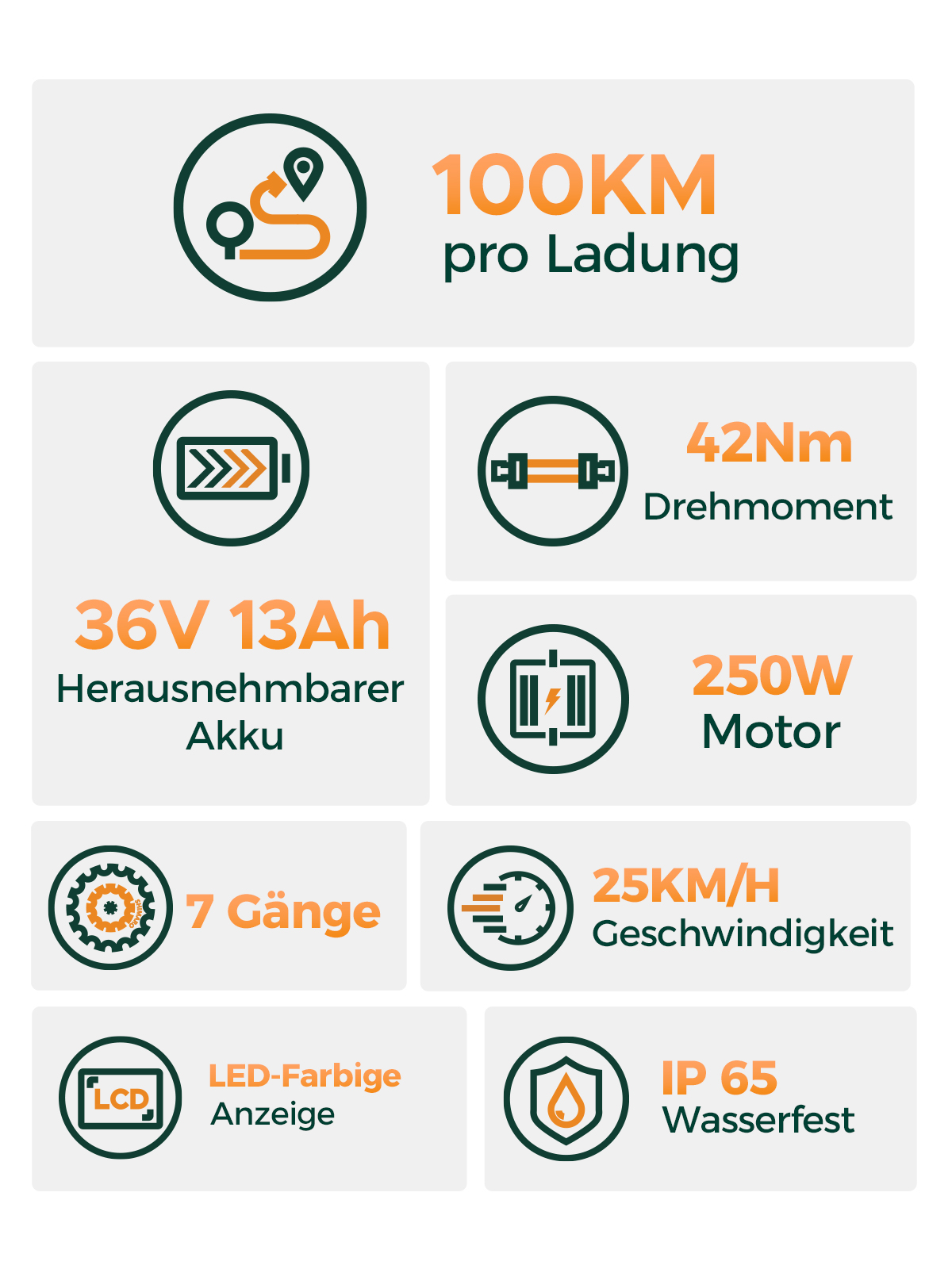 Infografik mit Icons und Spezifikationen für ein E-Bike: 100 km Reichweite, 42 Nm Drehmoment, 36V Akku, 250W Motor.