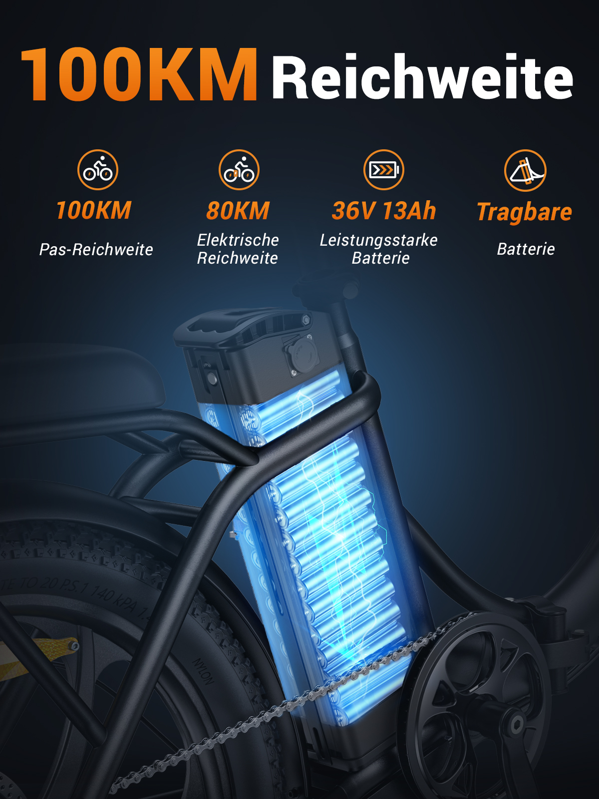 Batería de e-bike con detalles e iconos: 100KM de autonomía, 80KM de autonomía eléctrica, batería de 36V.