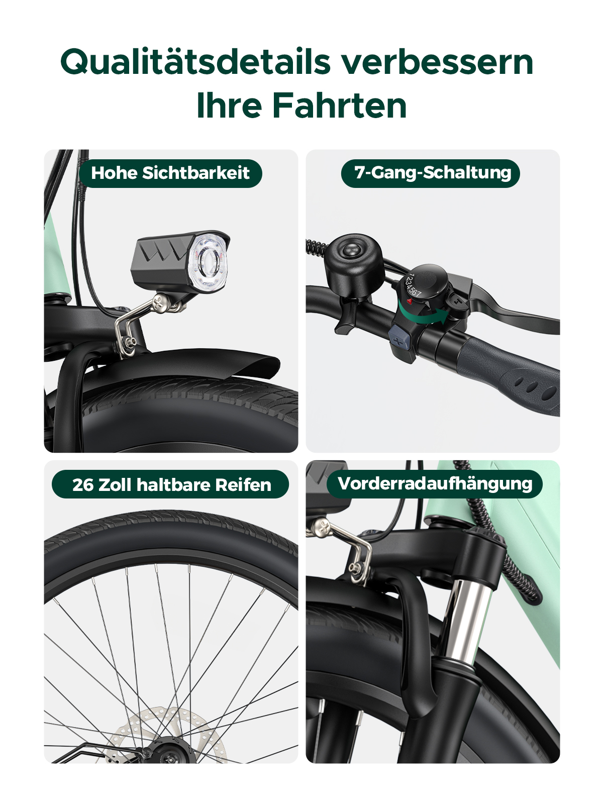 Details eines Fahrrades mit Lichtern, Gängen, Reifen und Federung.