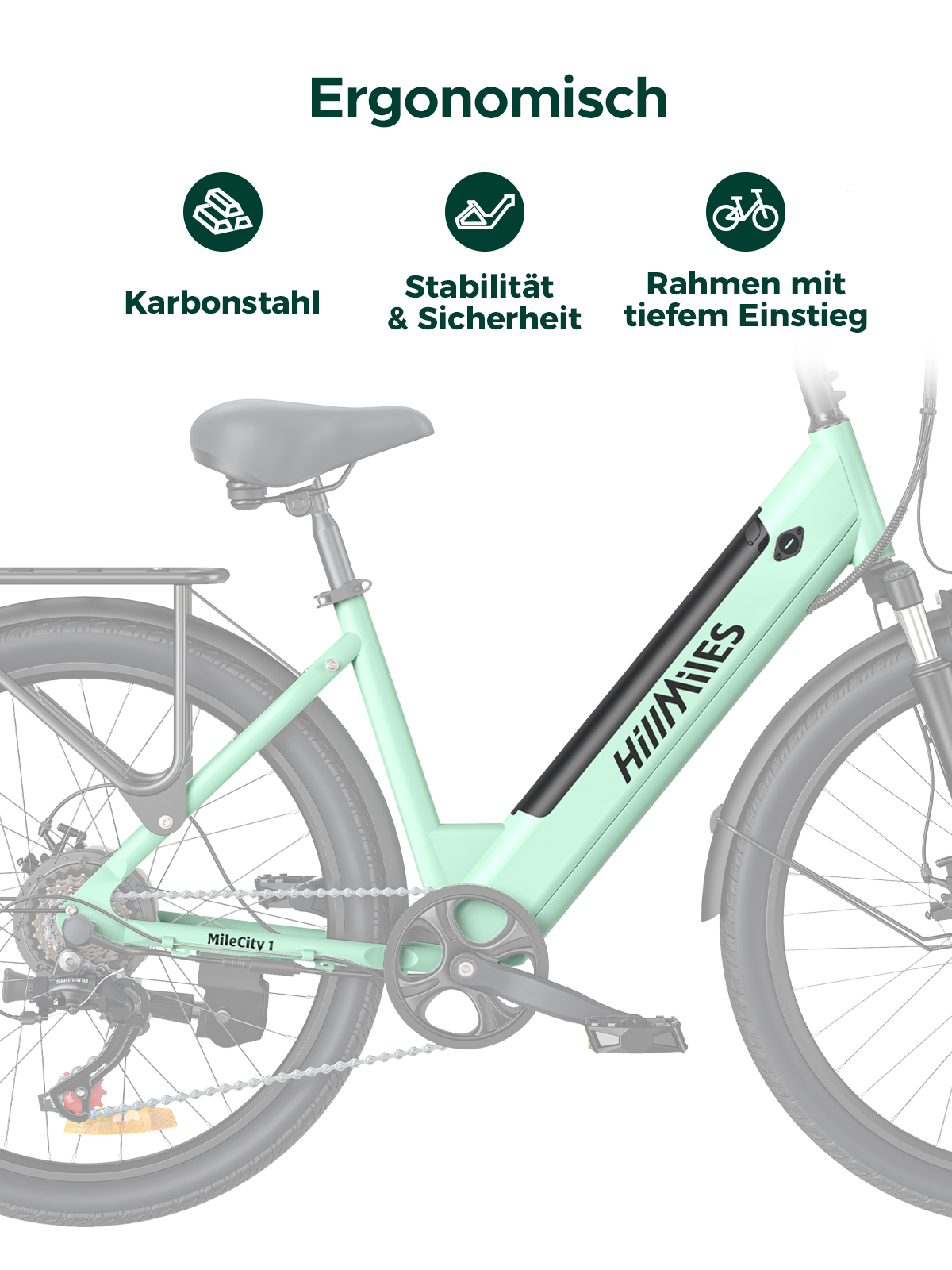 Diagramm eines grünen Elektrofahrrads mit ergonomischen Merkmalen: Kohlenstoffstahl, Stabilität und tiefer Einstiegsrahmen.