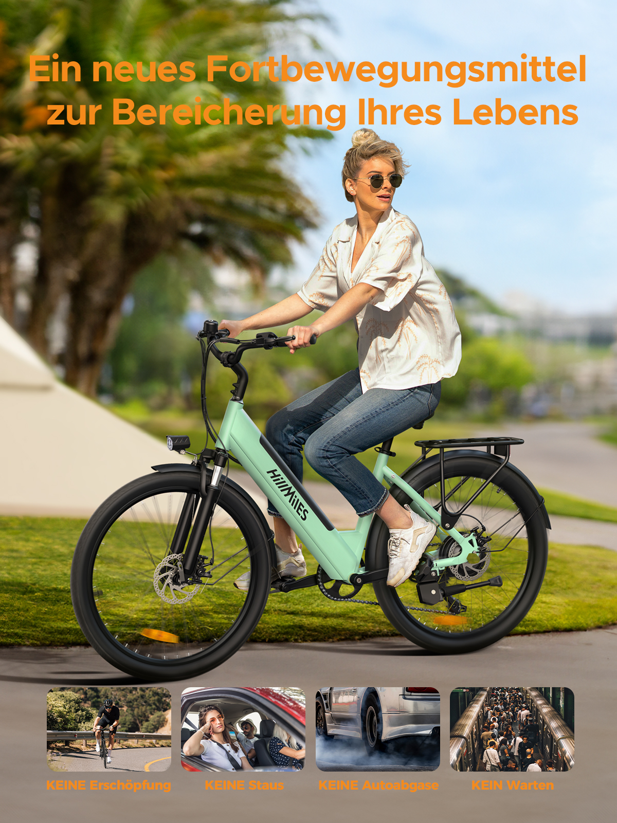 Frau fährt auf einem mintgrünen Elektrofahrrad auf einem Weg mit Text über Vorteile. Autos und Menschen sind im Hintergrund.