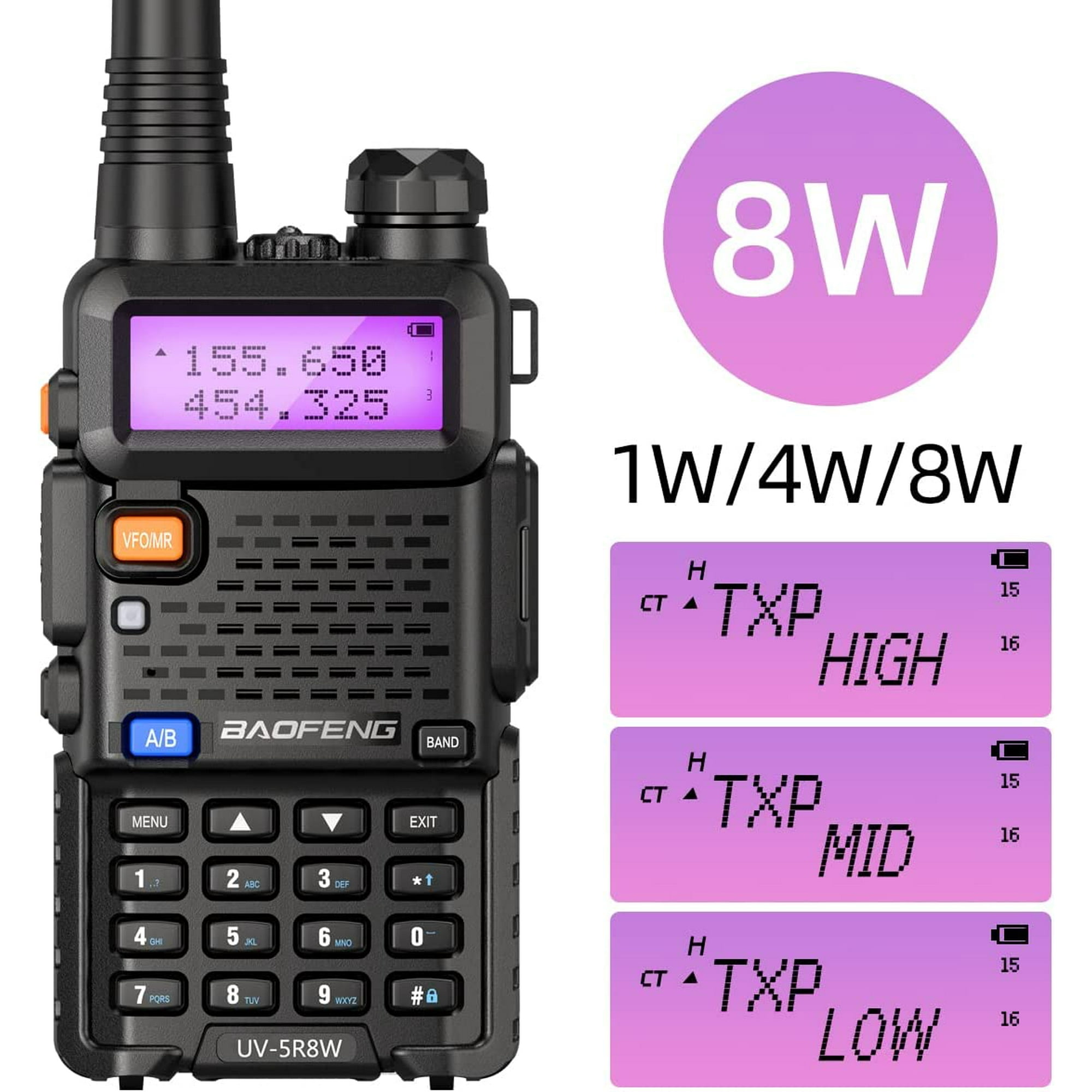 Schwarzes Baofeng UV-5R8W Walkie-Talkie mit Bildschirm, Knöpfen und verschiedenen Energieeinstellungen.