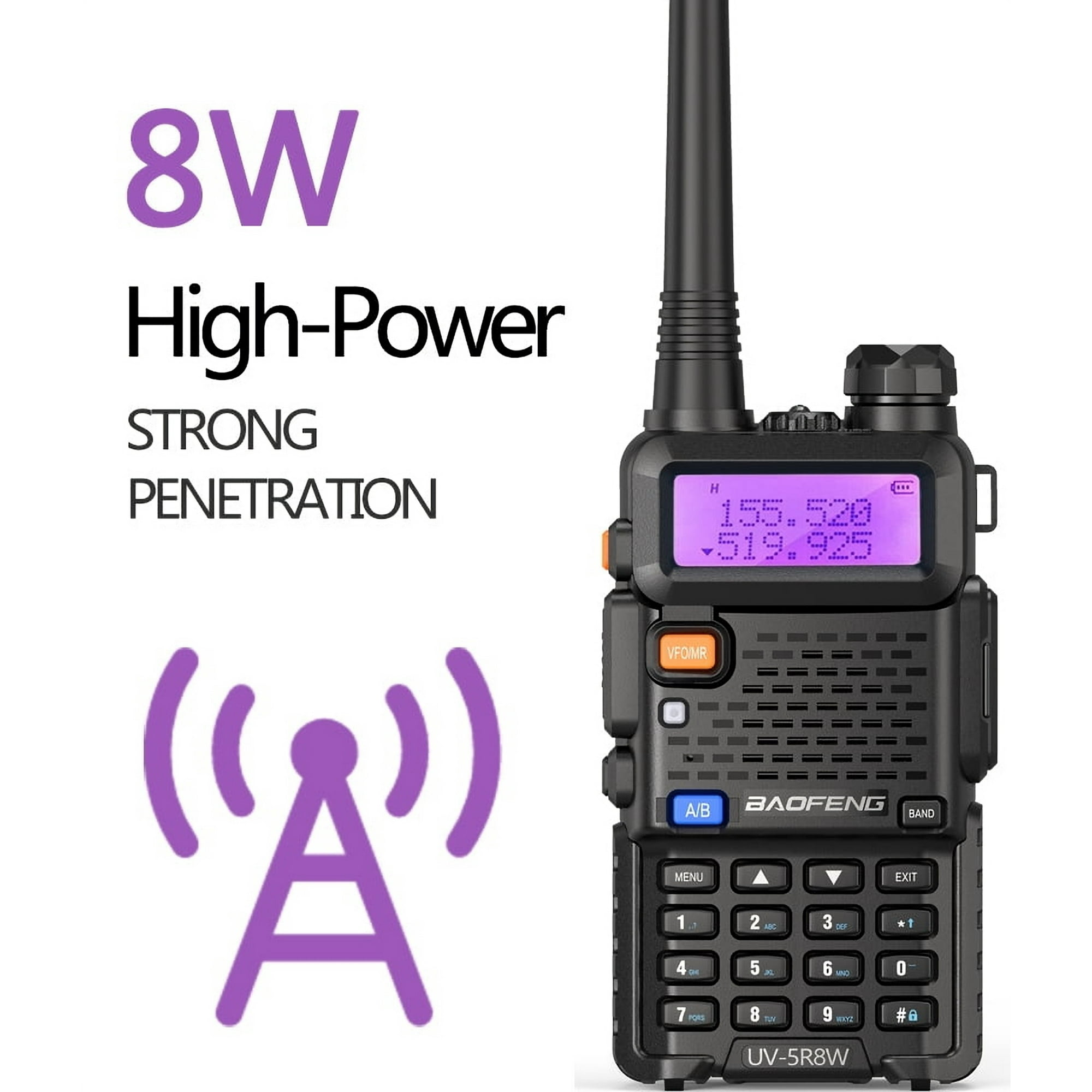 Nahaufnahme eines schwarzen Baofeng UV-5R8W Radios mit 8W und Signal-Symbol.