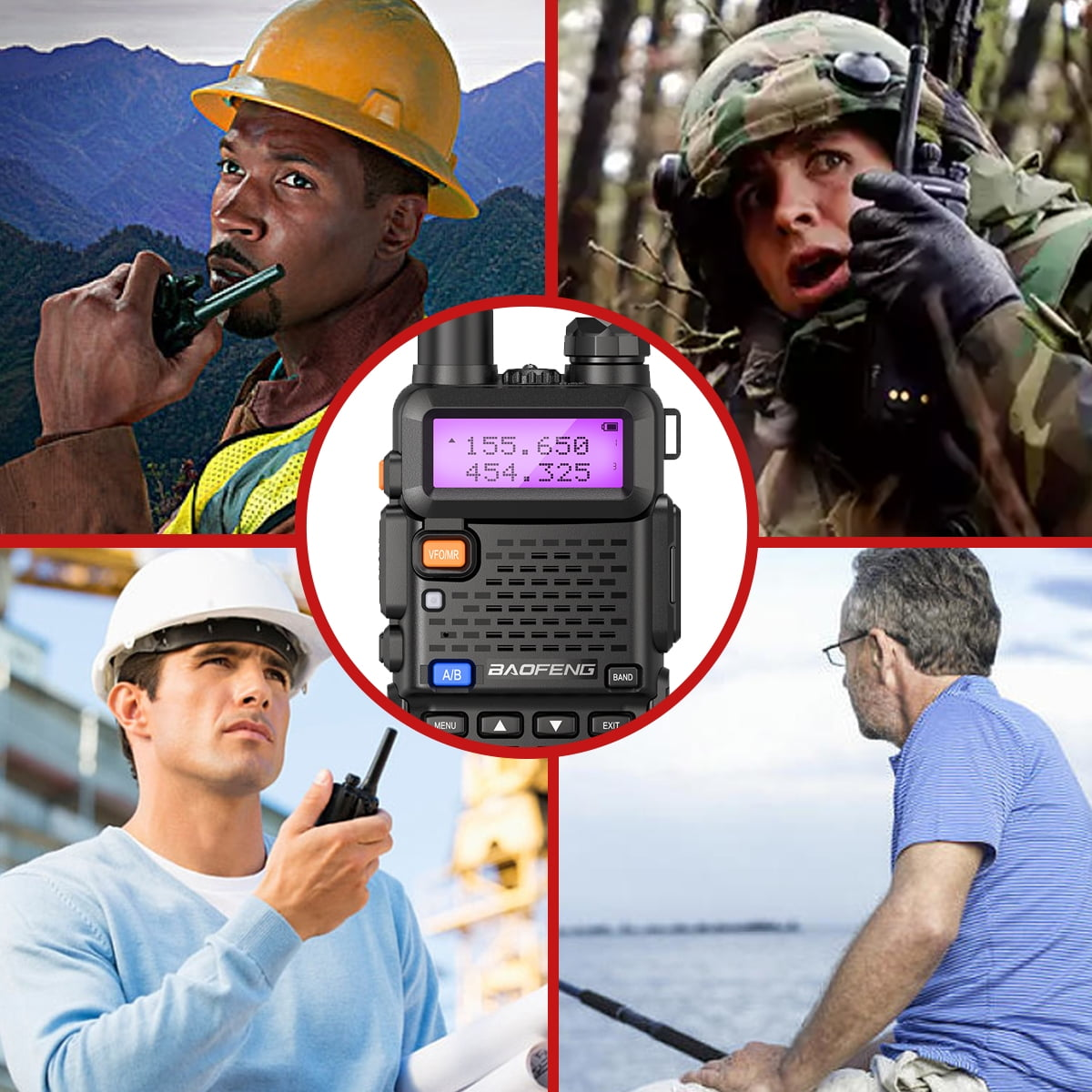 Schwarzes Baofeng UV-5R8W Walkie-Talkie. Mehrere Bilder zeigen die Verwendung durch verschiedene Personen.