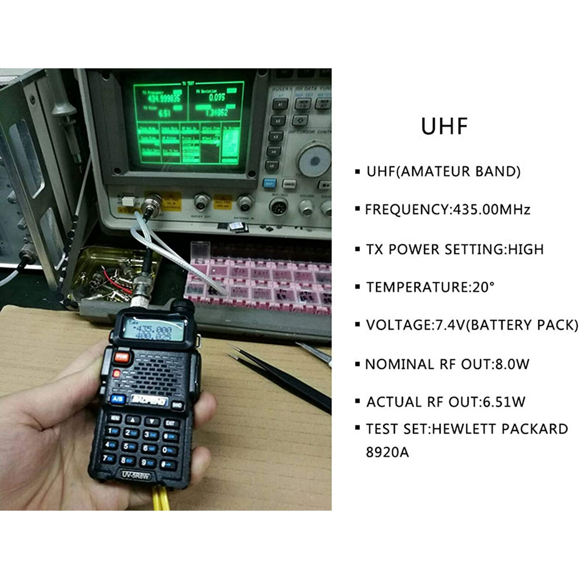 Hand hält ein Baofeng-Radio mit Computer und technischer Datenanzeige.