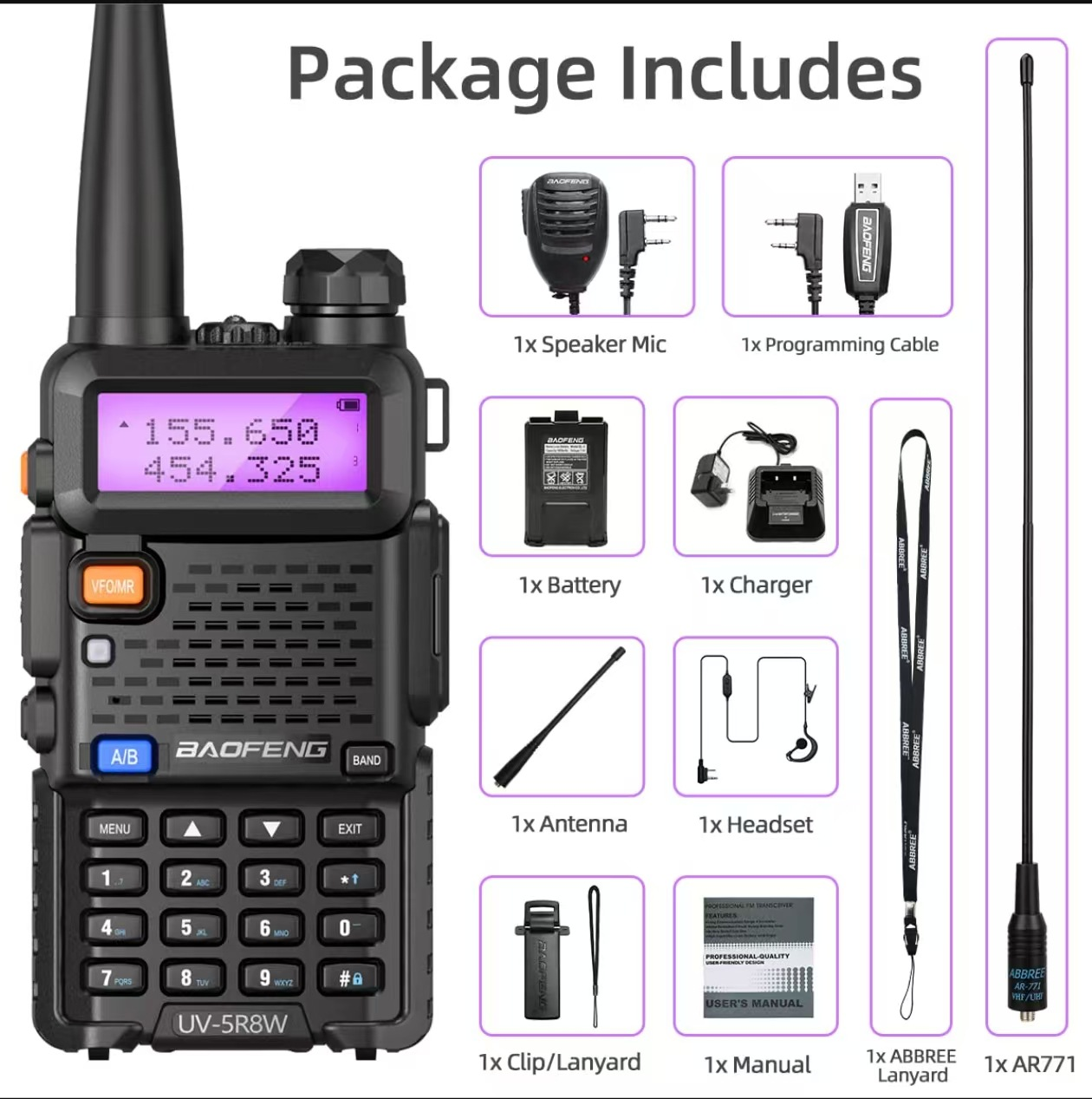 Schwarzes Baofeng UV-5R8W Walkie-Talkie mit Packungsinhalt: Antenne, Ladegerät, Lautsprecher, Handbuch, etc.