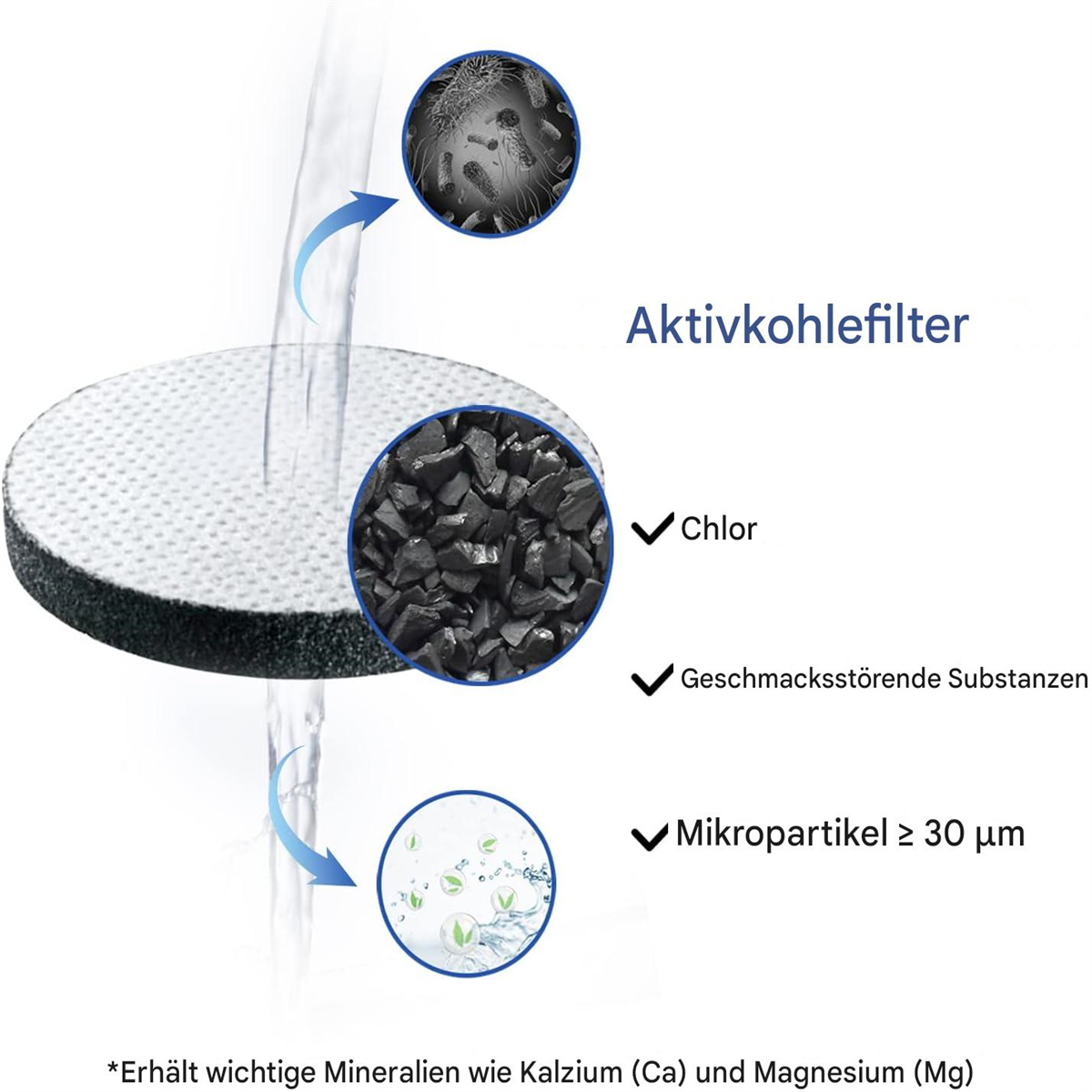 Ein Diagramm zeigt einen Aktivkohlefilter, der Chlor, Geschmack und Partikel aus dem Wasser entfernt.