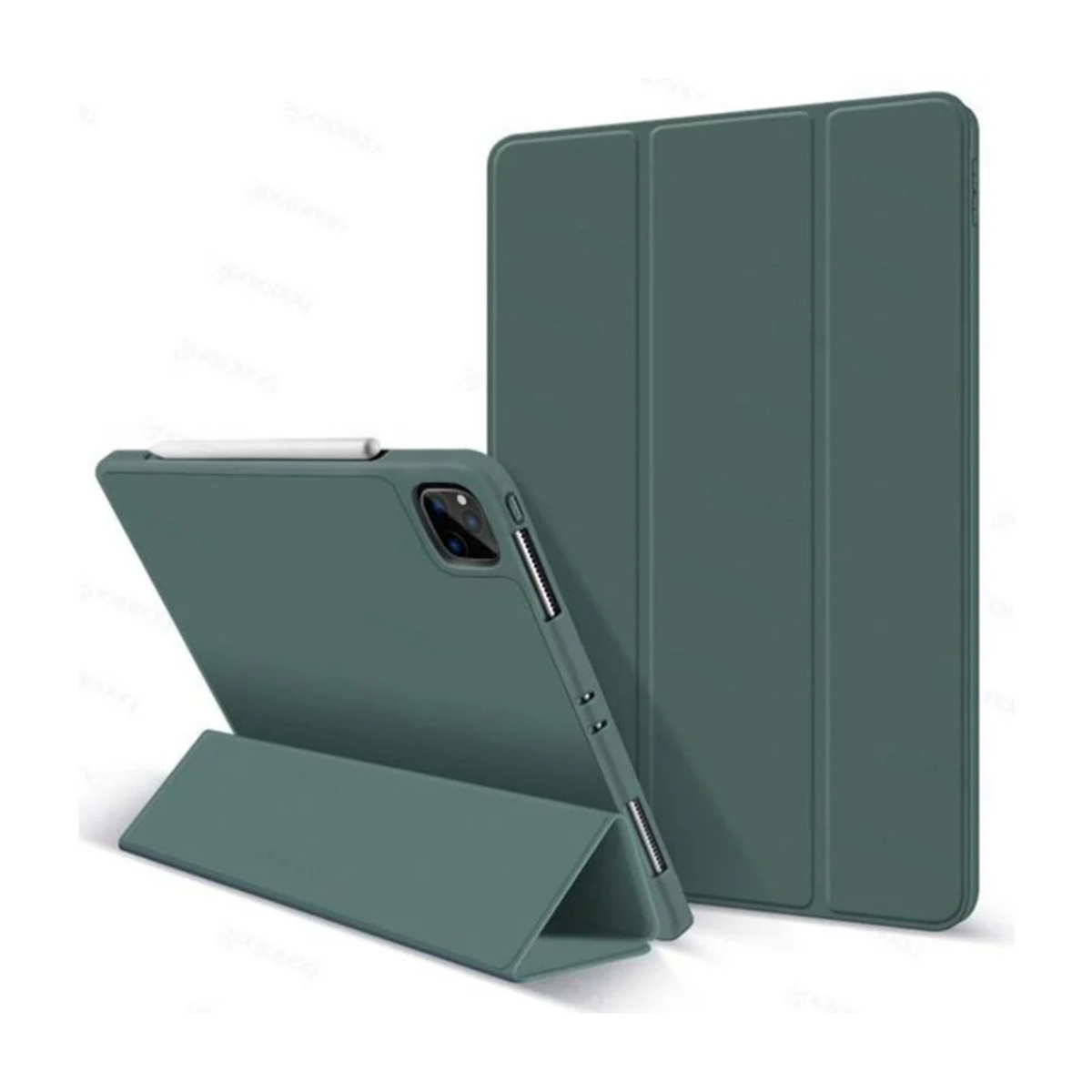 Eine grüne iPad-Hülle, mit dem Tablet darin und einer zweiten Hülle, die aufrecht steht.