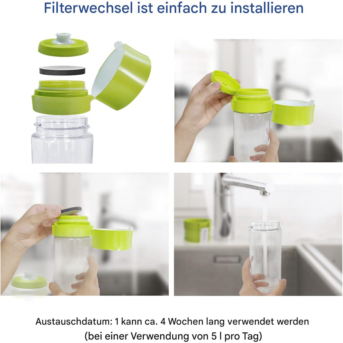 Anweisungen zum Austausch eines Wasserfilters in einer Flasche.