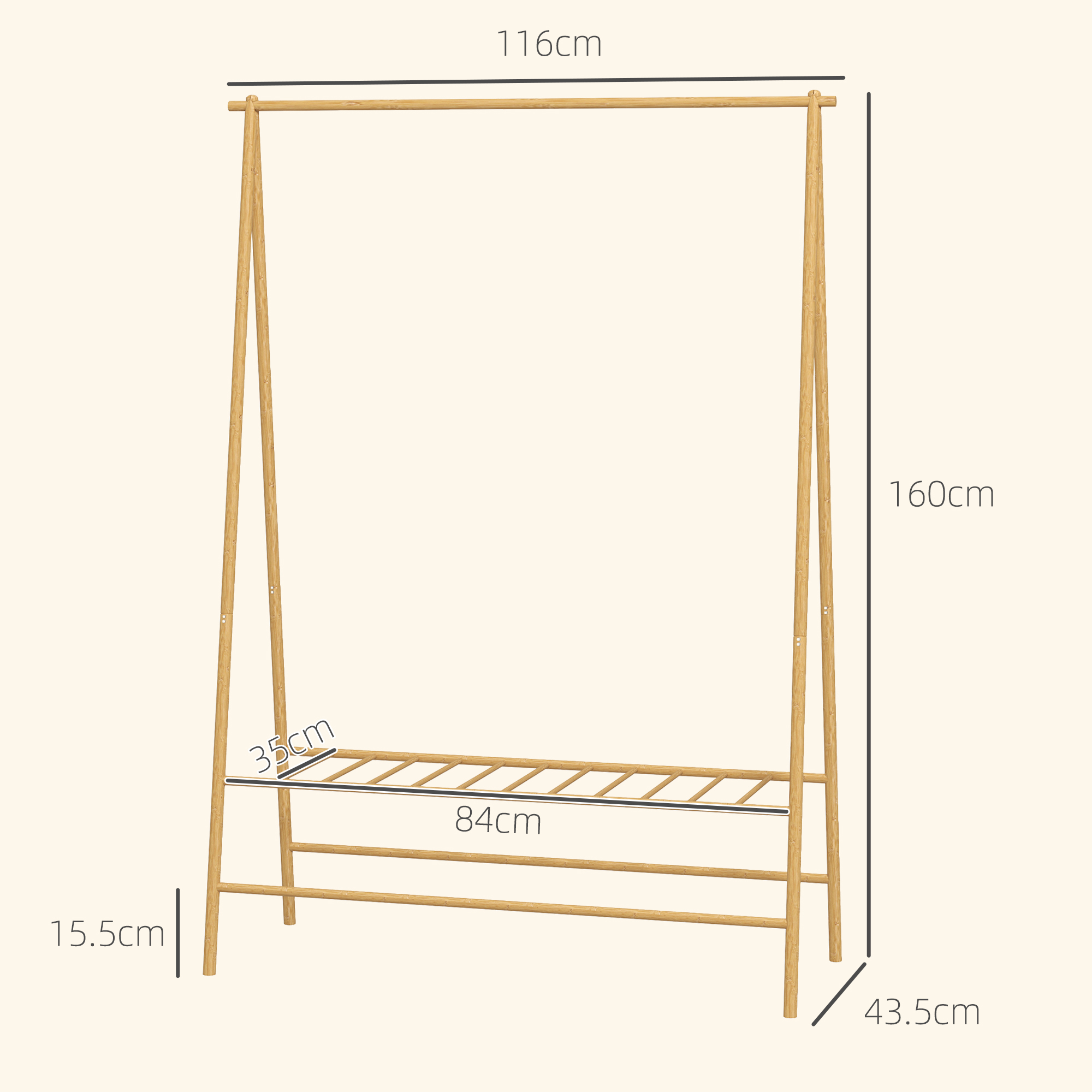 Kleiderständer aus Holz mit Abmessungen. Er ist 116 cm breit und 160 cm hoch. Es gibt ein Regal.