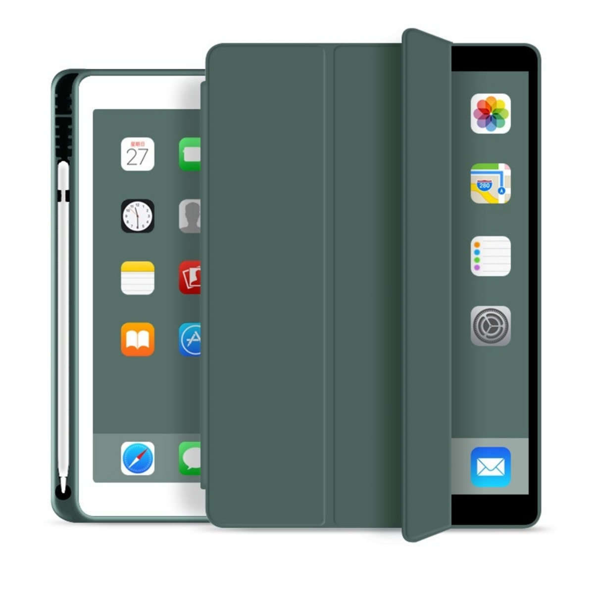 Zwei iPads in grünen Hüllen, die verschiedene App-Anzeigen auf ihren Bildschirmen zeigen.