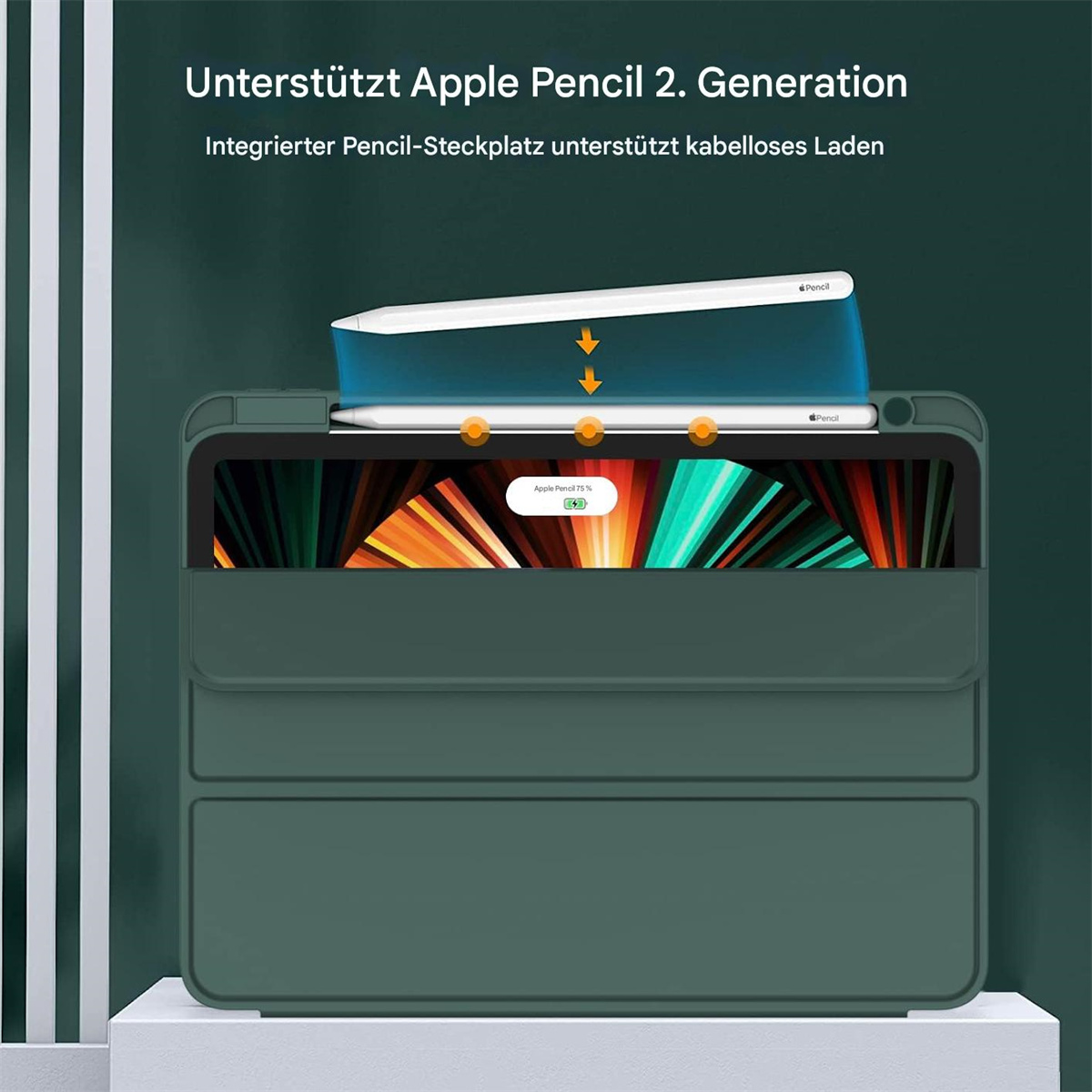 Grüne Hülle mit einem iPad und einem Stift. Text: Unterstützt Apple Pencil 2. Generation.