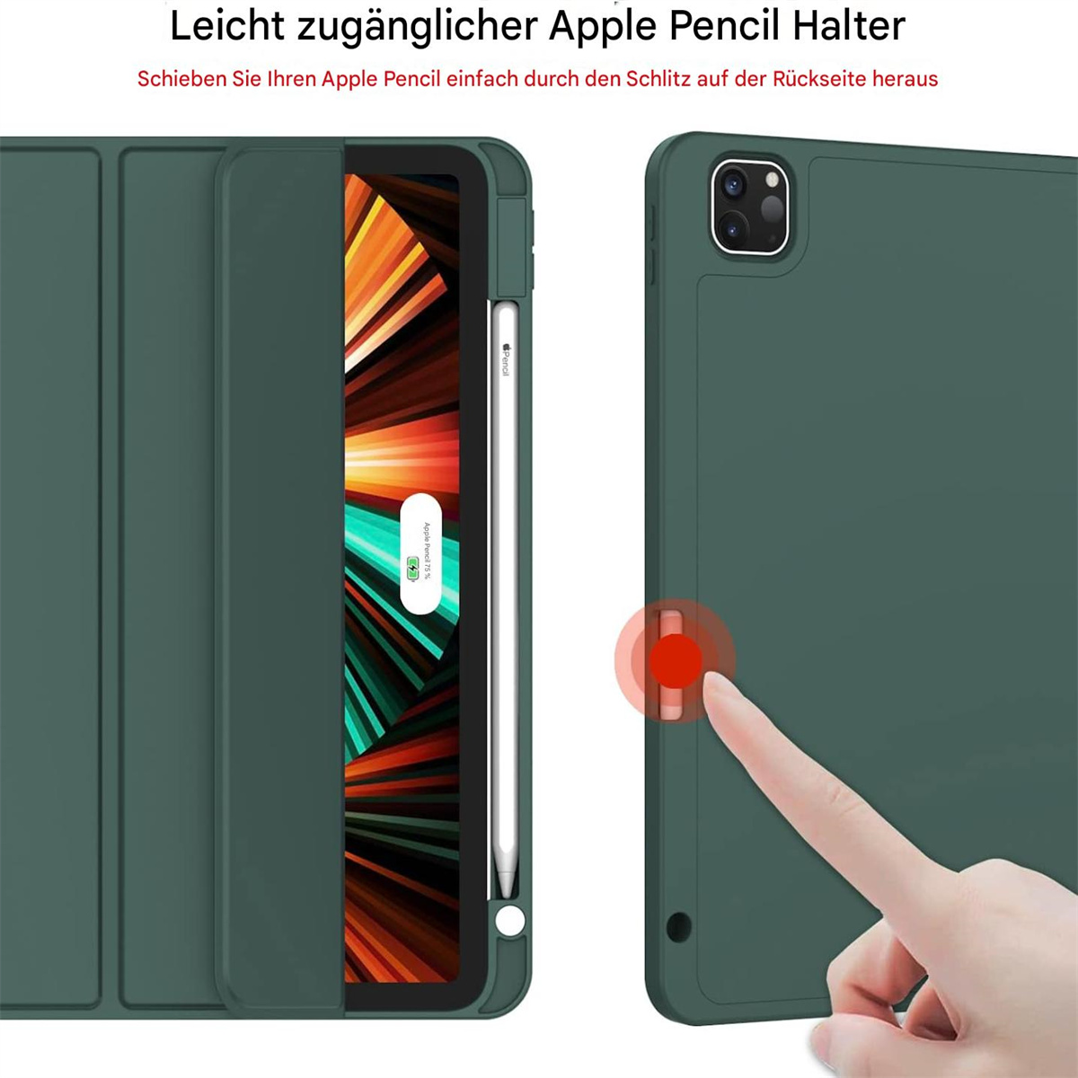 Eine grüne iPad-Hülle mit einem eingesetzten Stift. Die Hülle hat einen Stiftschlitz auf der Rückseite.