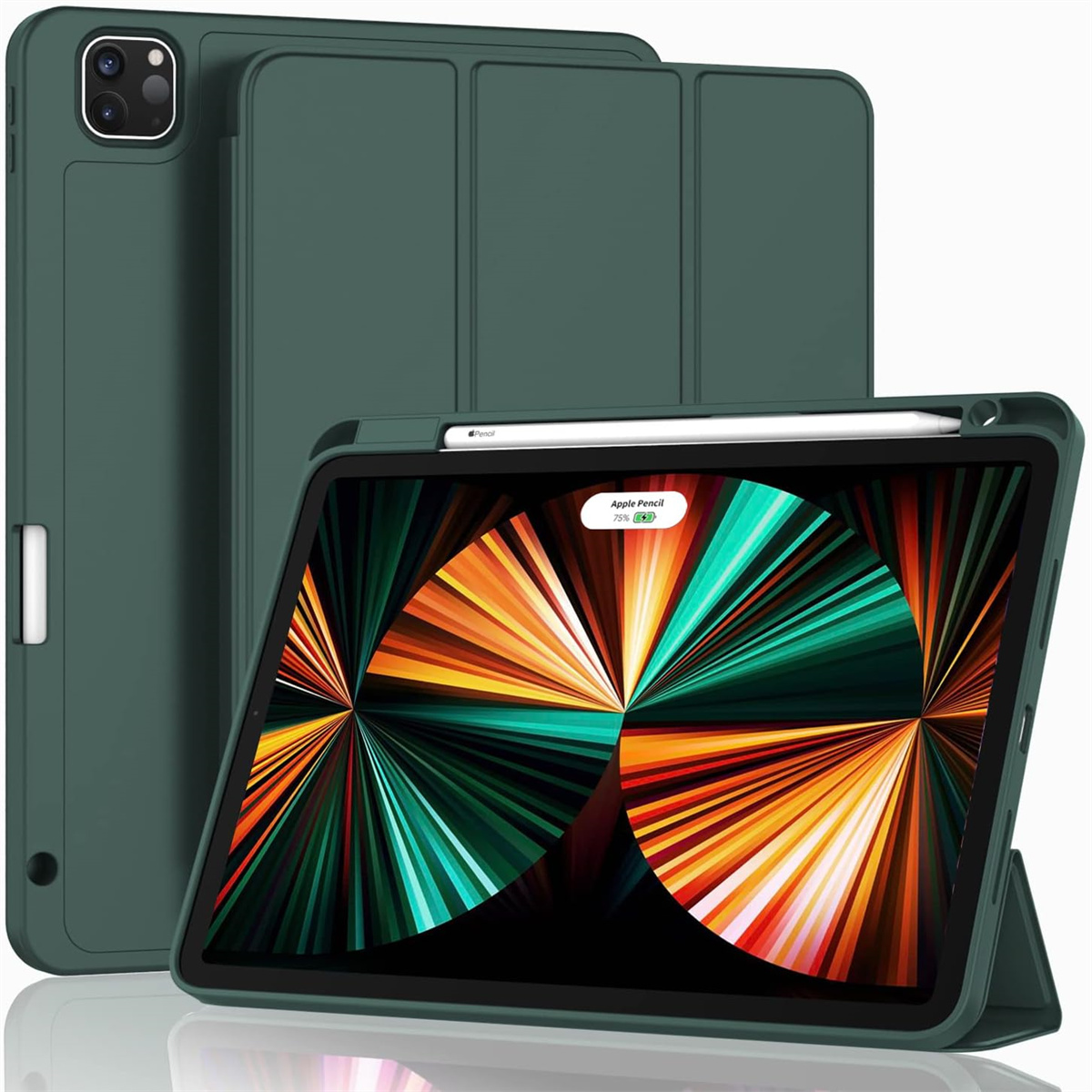 Grüne Tablethülle mit einem iPad und einem Stift.