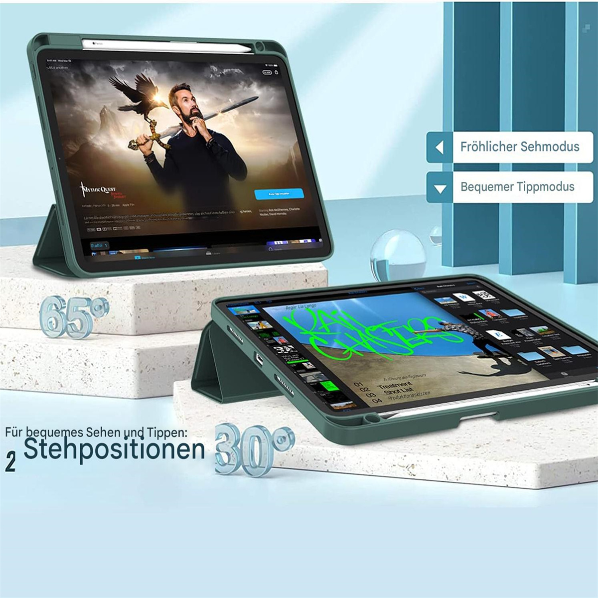 Zwei iPads in grünen Hüllen mit angewinkelten Ständern, die verschiedene App-Anzeigen zeigen.