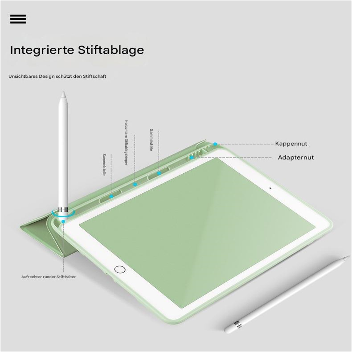Diagramm eines iPads mit Stift. Text: Integrierte Stiftablage. Der Stift ist weiß.