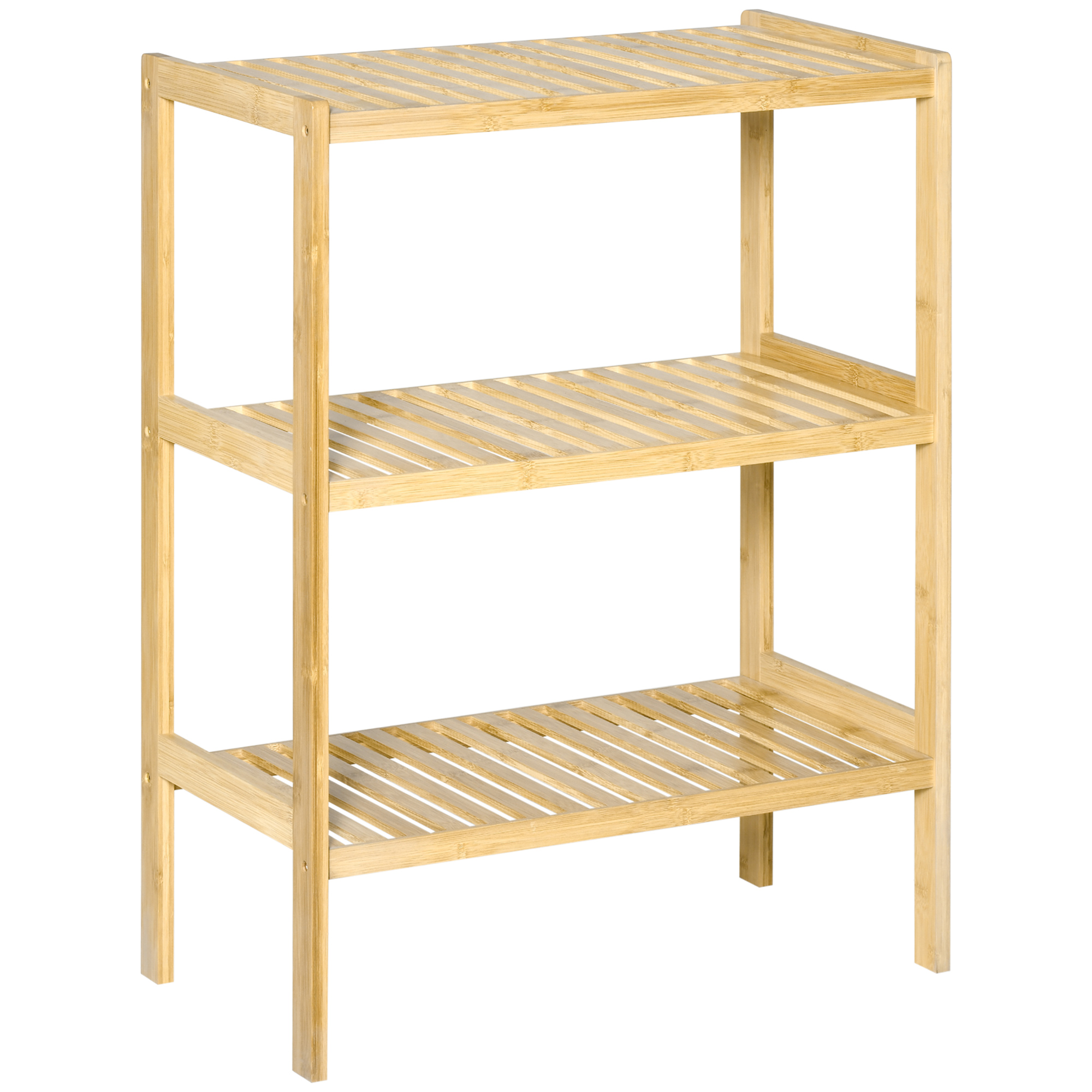 Holzregal mit drei Etagen. Lattenroste und Beine.