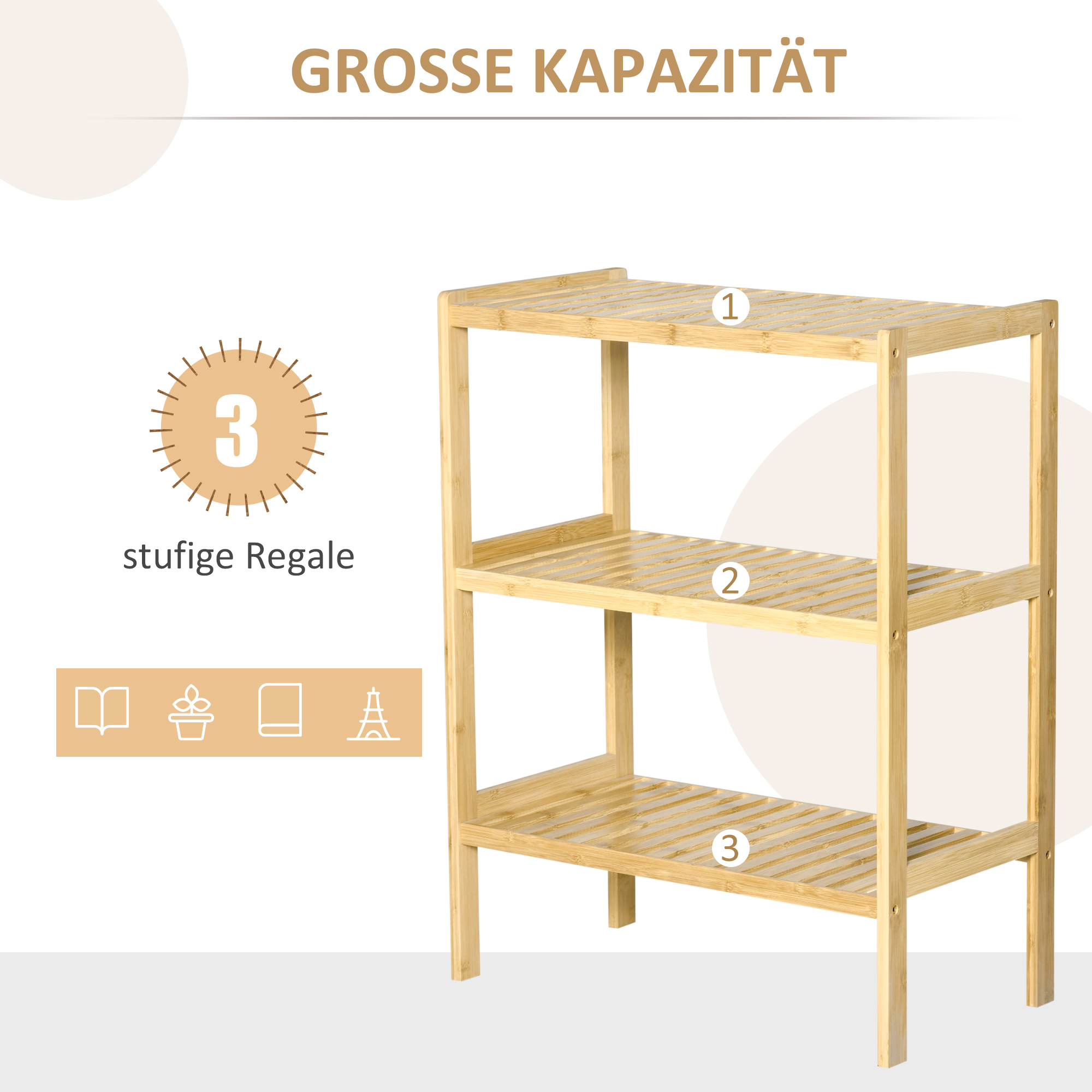 Holzregal mit Text: GROSSE KAPAZITÄT. 3-stöckige Regale und Symbole.