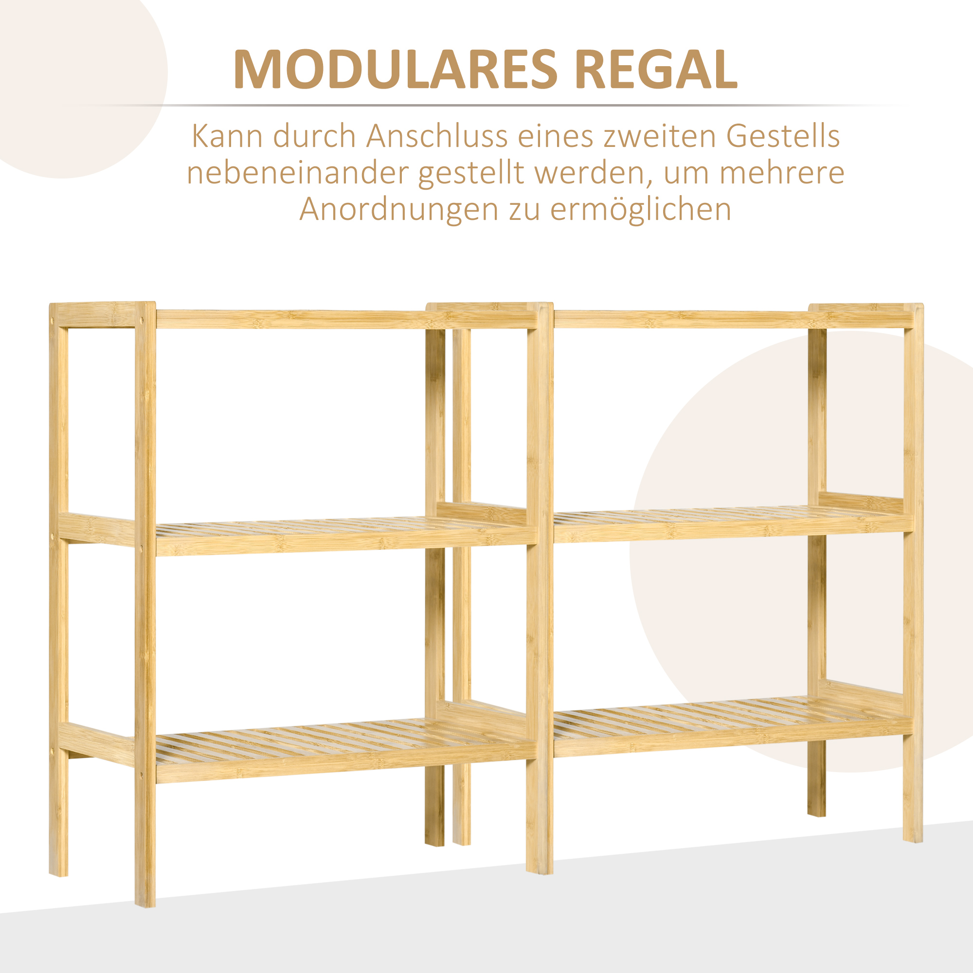 Zwei Holzregale nebeneinander, je drei Etagen. Text: MODULARES REGAL.