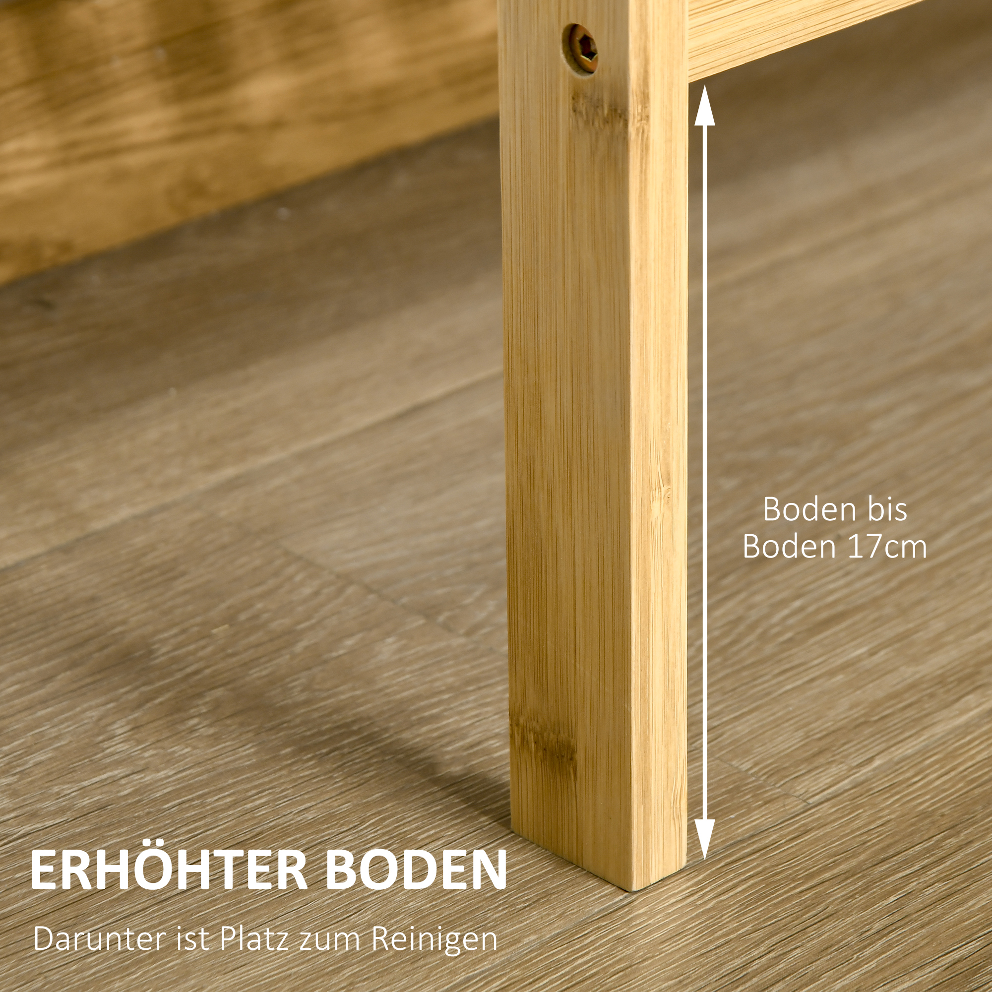 Holzregalbein. Text: ERHÖHTER BODEN. Platz zum Reinigen.