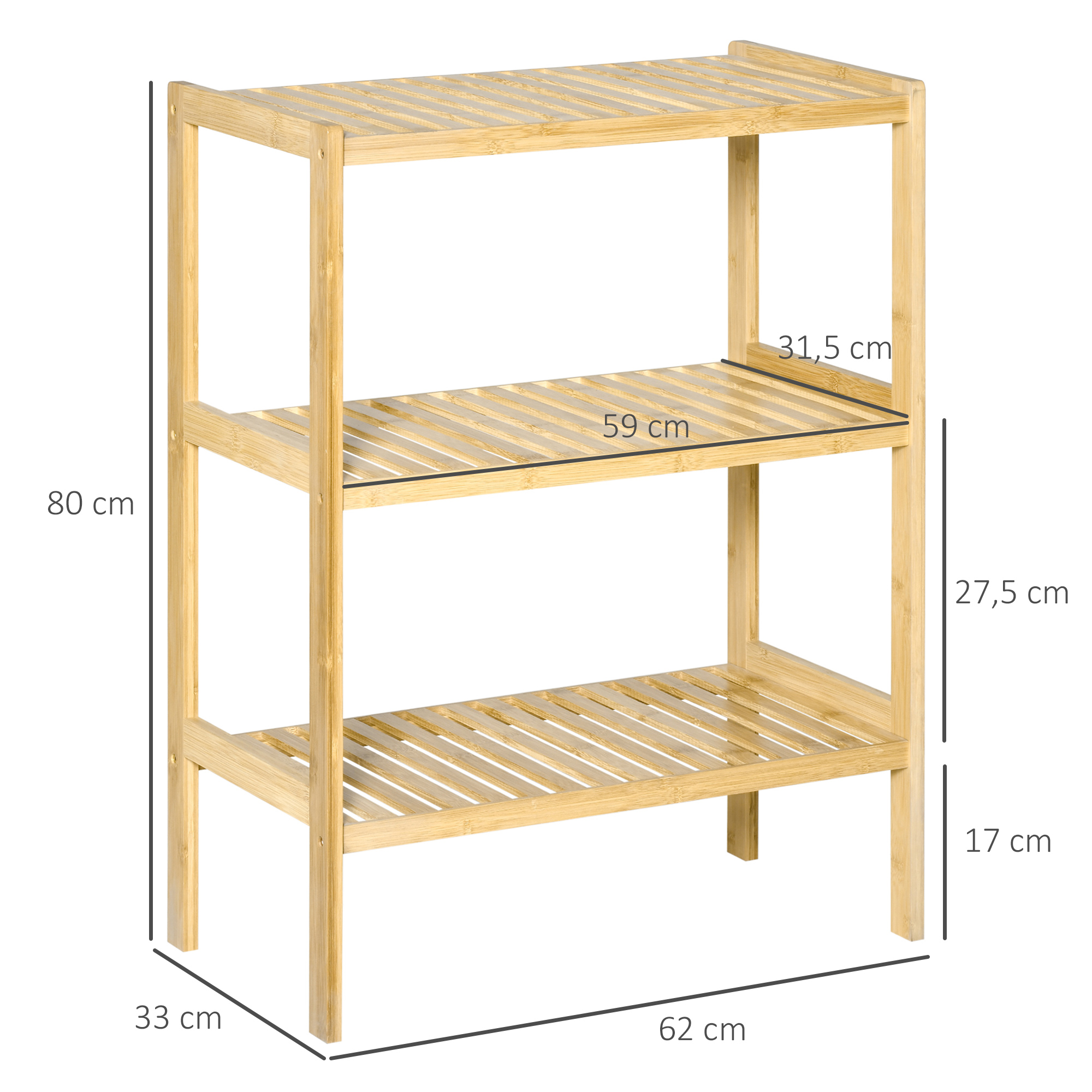 Holzregal mit Abmessungen. Drei Etagen, Maße angegeben.