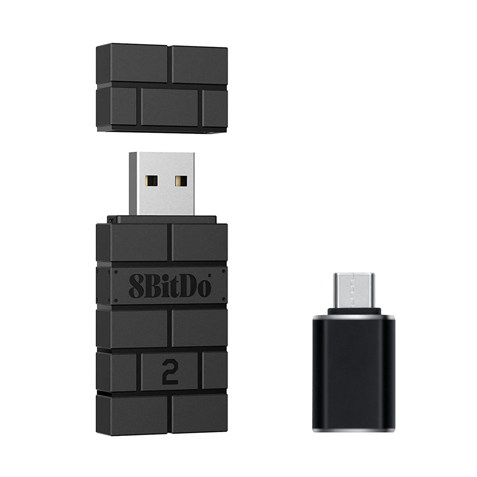 Schwarzer, ziegelformiger USB-Dongle mit abnehmbarem Teil und USB-C-Adapter.