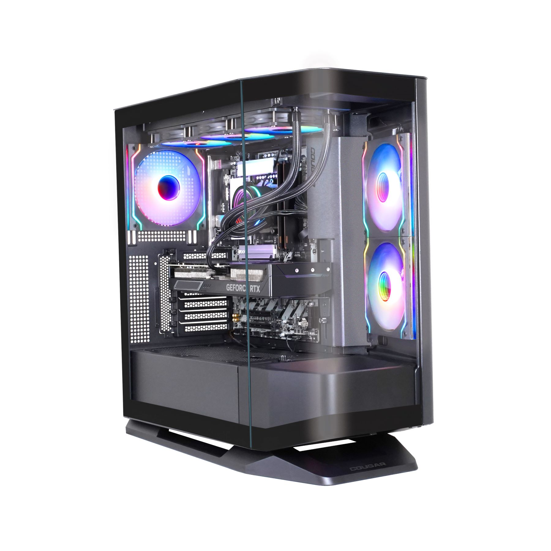 Computerturm mit Glas-Seitenwand, die Komponenten freilegt. Verfügt über RGB-Beleuchtung. Weißer Hintergrund.