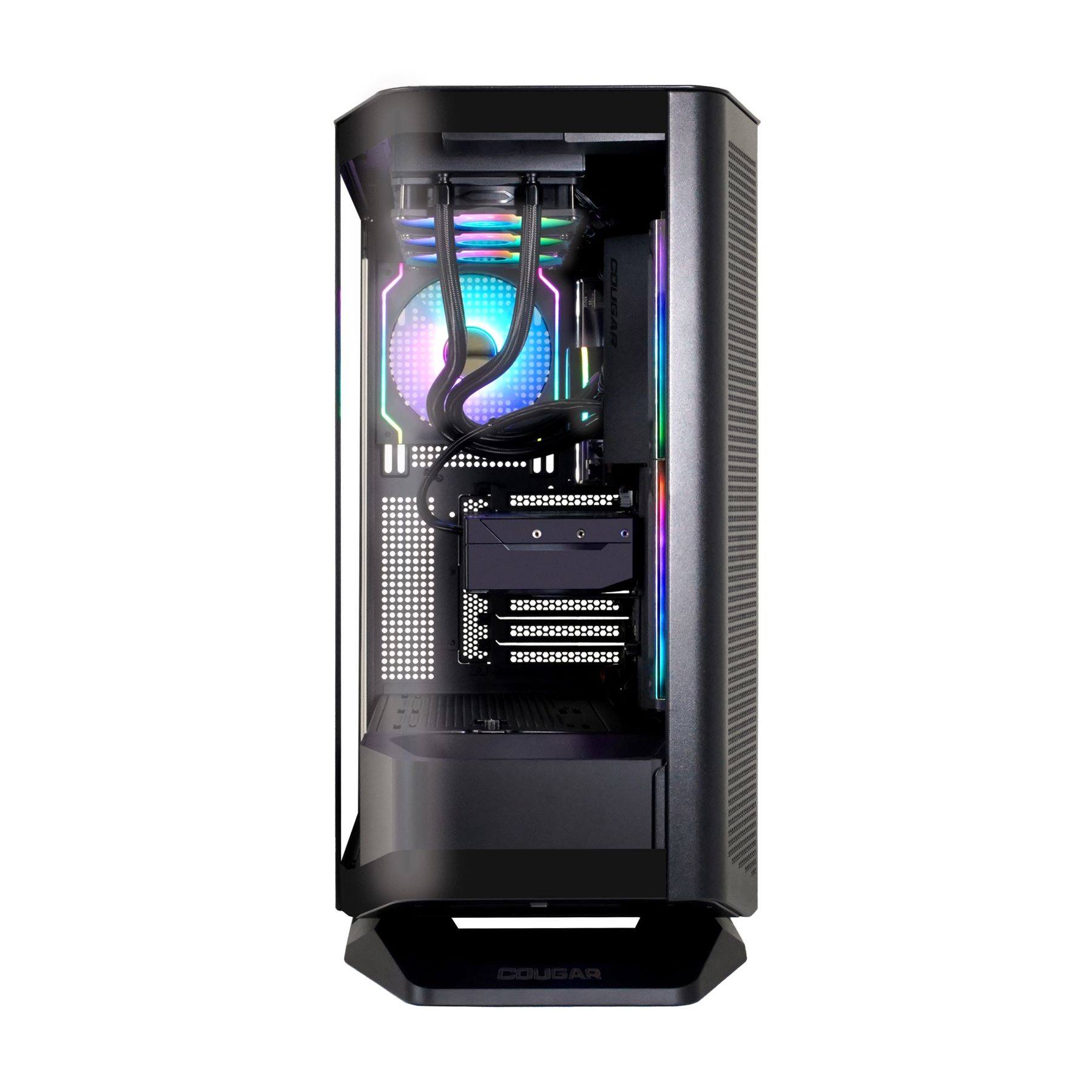 Ein schwarzes Computergehäuse mit Glasplatte, das interne Komponenten mit bunten Lichtern zeigt.