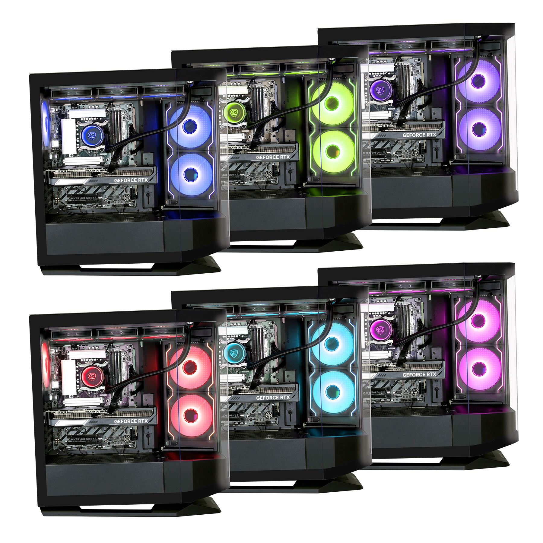 Sechs Computergehäuse mit bunten Lichtern, die die inneren Komponenten eines Gaming-PCs zeigen.
