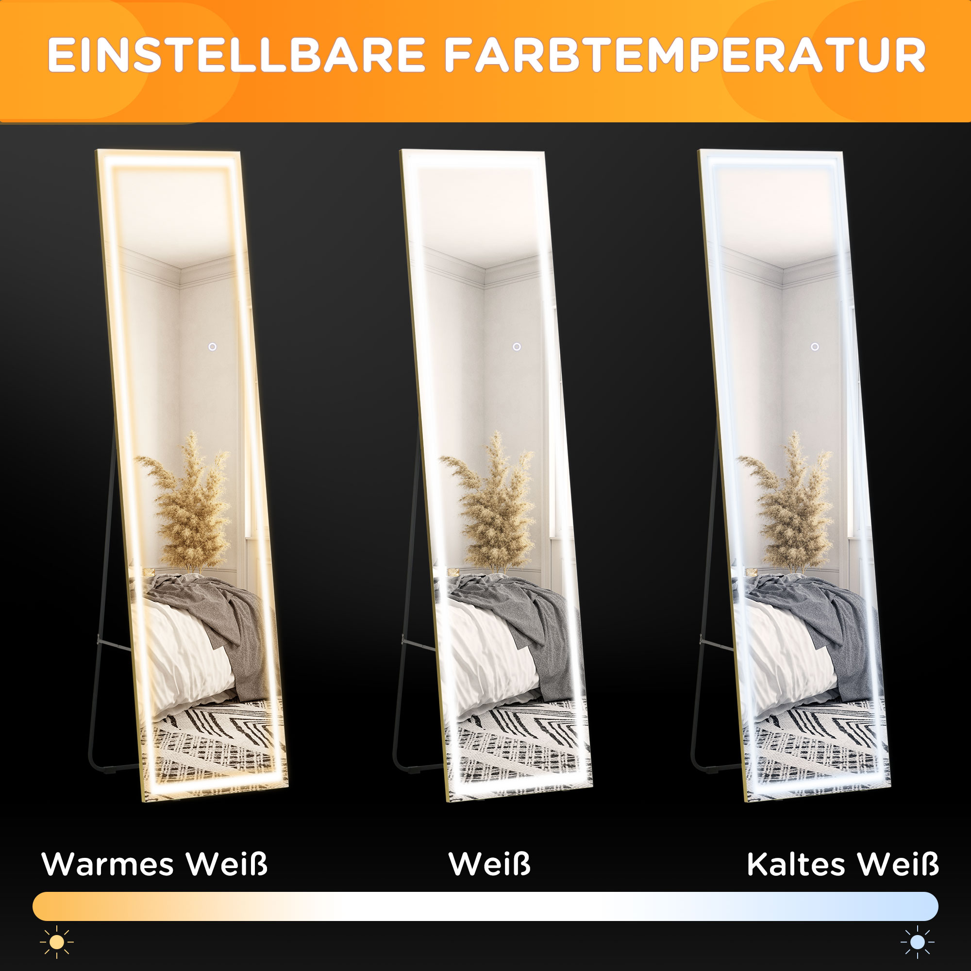 Drei Ganzkörperspiegel mit unterschiedlichen Farbtemperaturen: warm, weiß und kühl, mit Licht dahinter.