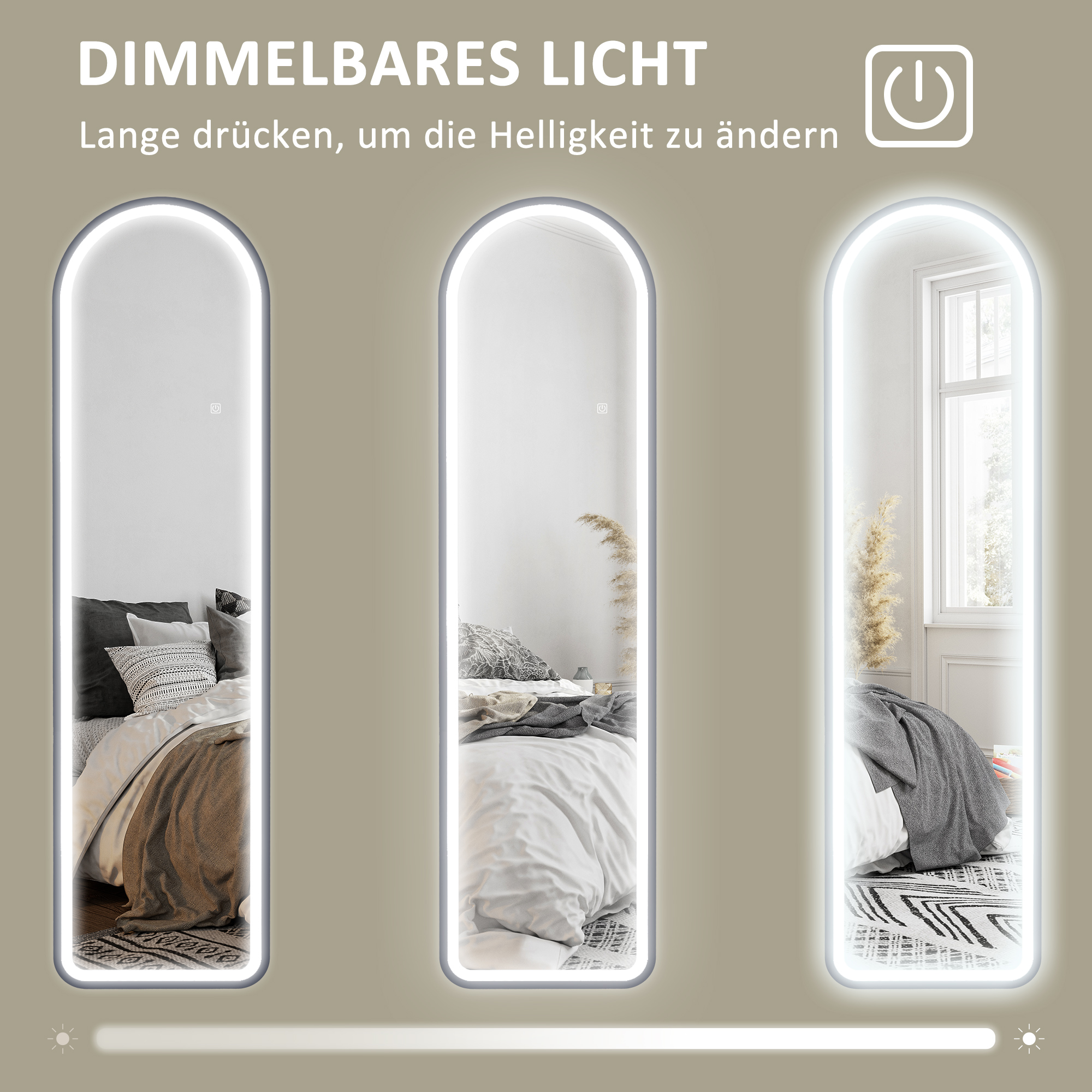 Drei Spiegel mit unterschiedlichen Lichteinstellungen. Jeder Spiegel befindet sich in einem Schlafzimmer. Die Spiegel sind gewölbt.