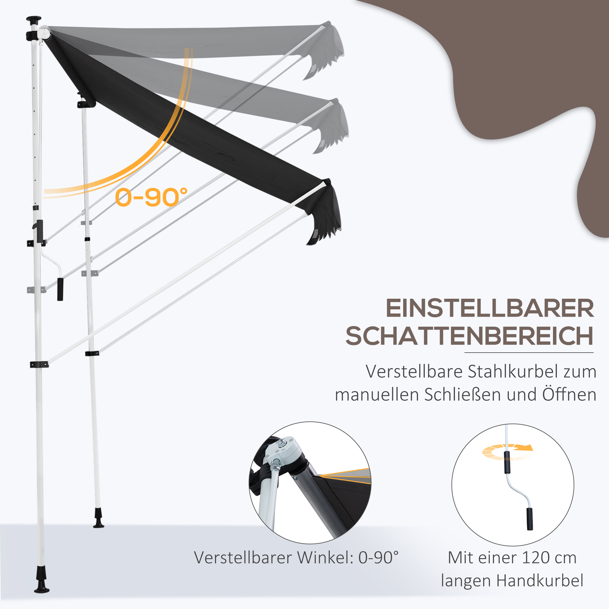 Eine weiß gerahmte Markise. Die Markise wird in verschiedenen Winkeln gezeigt. Einstellbarer Winkel von 0-90 Grad.