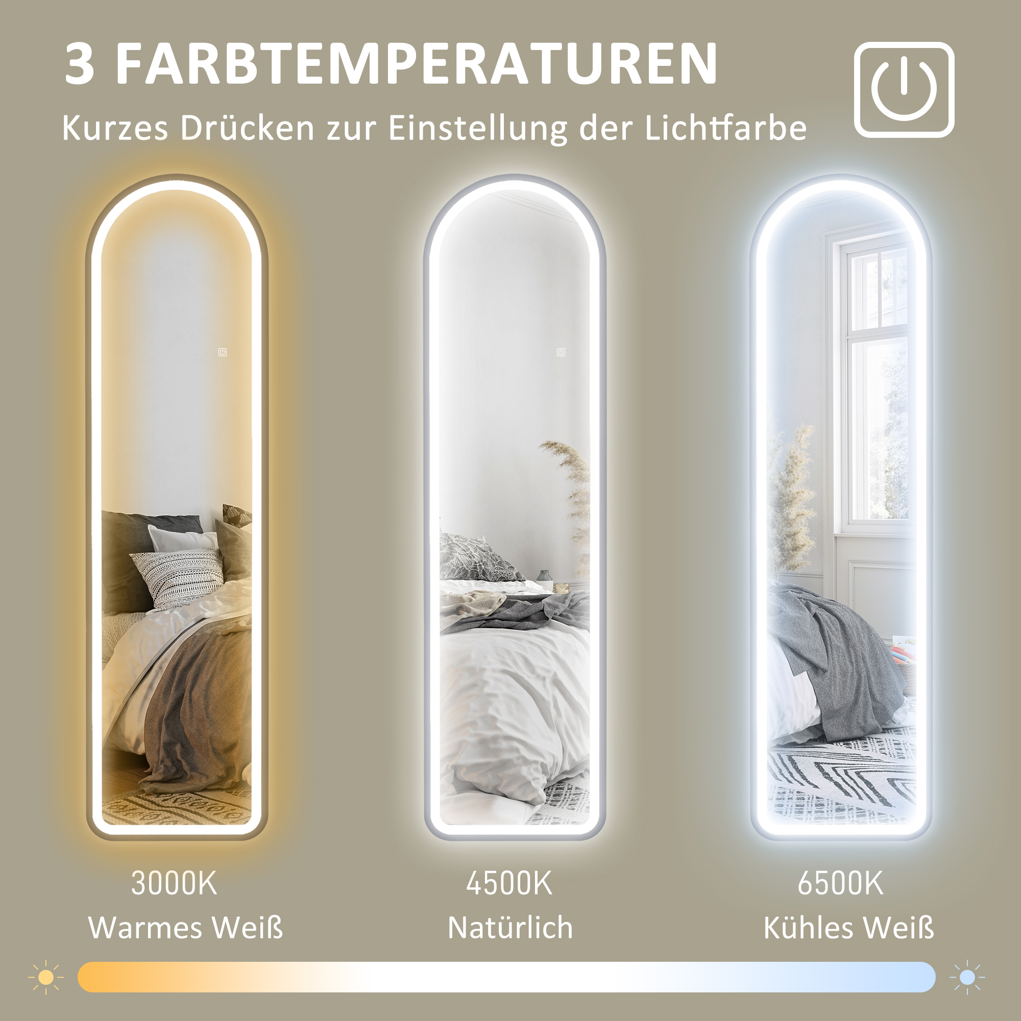 Drei Spiegel mit unterschiedlichen Lichtfarben. Die Farbtemperaturen sind: warm, natürlich und kühl.