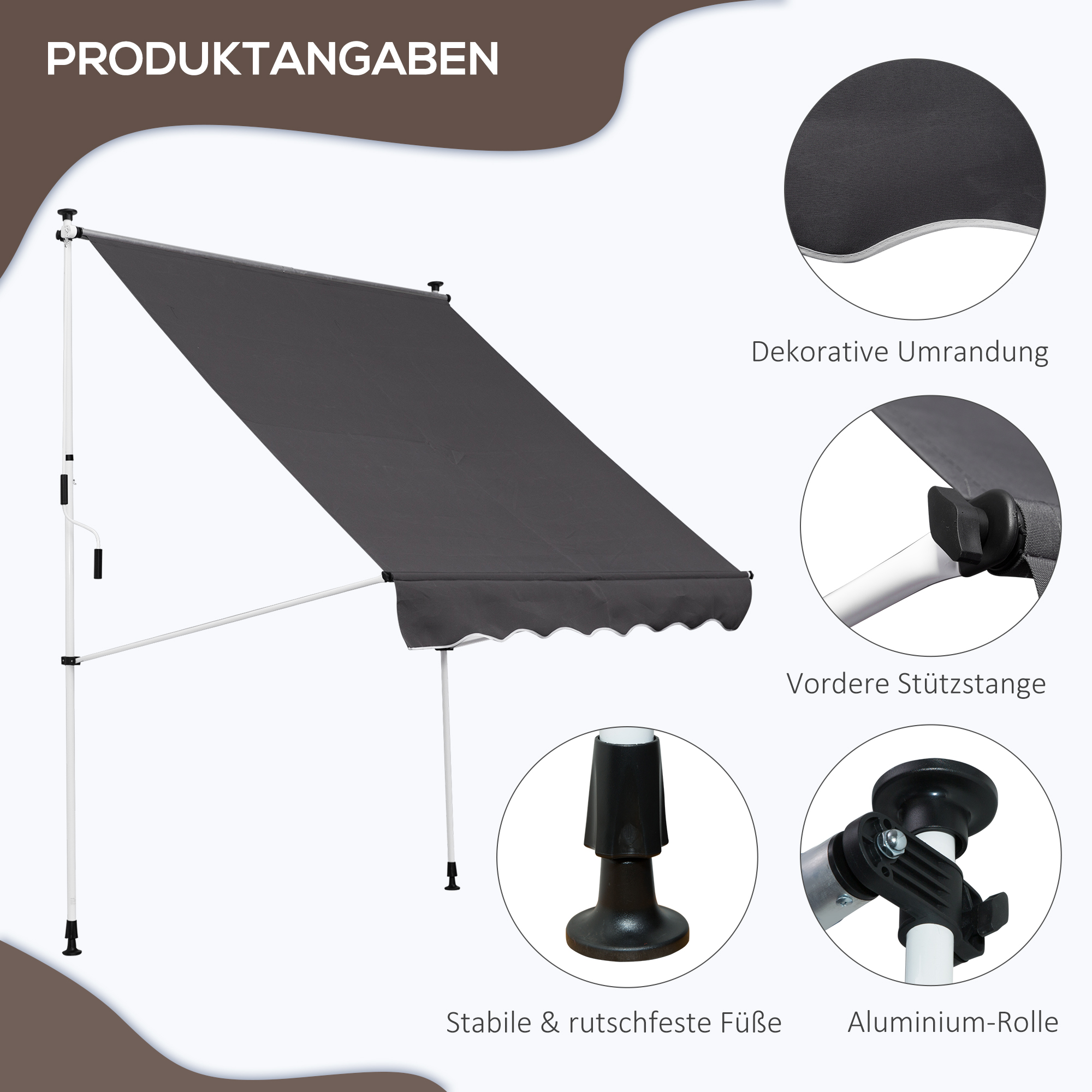 Produktdetaildiagramm, das eine Markise mit verschiedenen Merkmalen zeigt: dekorativer Rand, Unterstützung und Füße.
