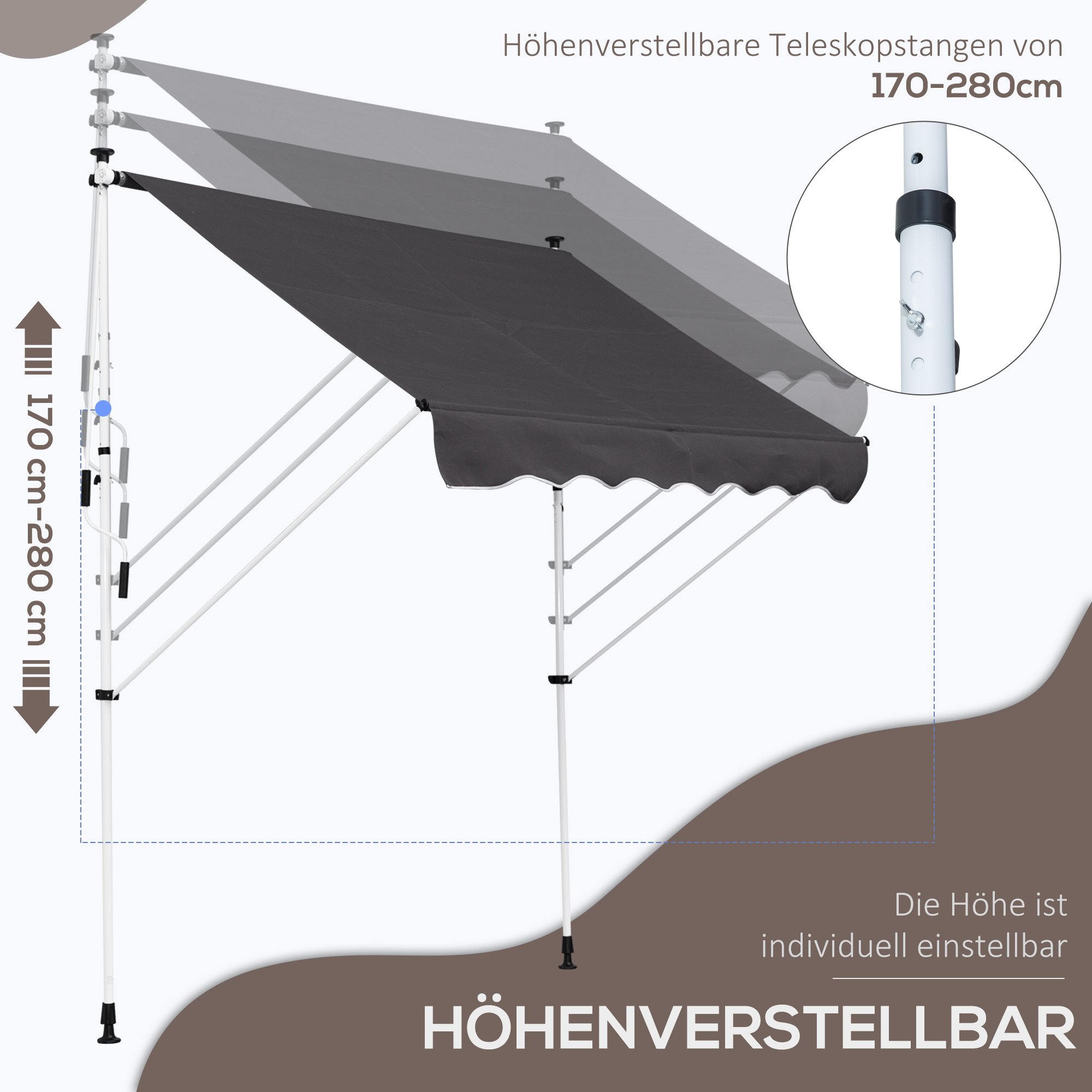 Eine weiße Markise mit schwarzem Baldachin. Sie ist verstellbar. Die Höhe ist von 170-280 cm einstellbar.