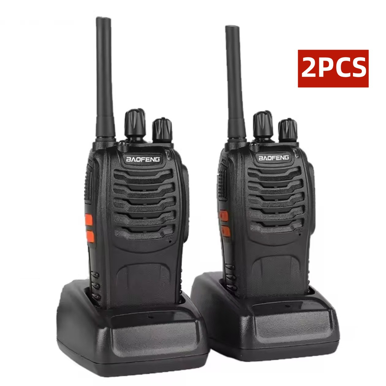 Zwei schwarze Walkie-Talkies auf Ladestationen. Die Walkie-Talkies haben Antennen und Knöpfe. Beschriftung: 2 STÜCK.