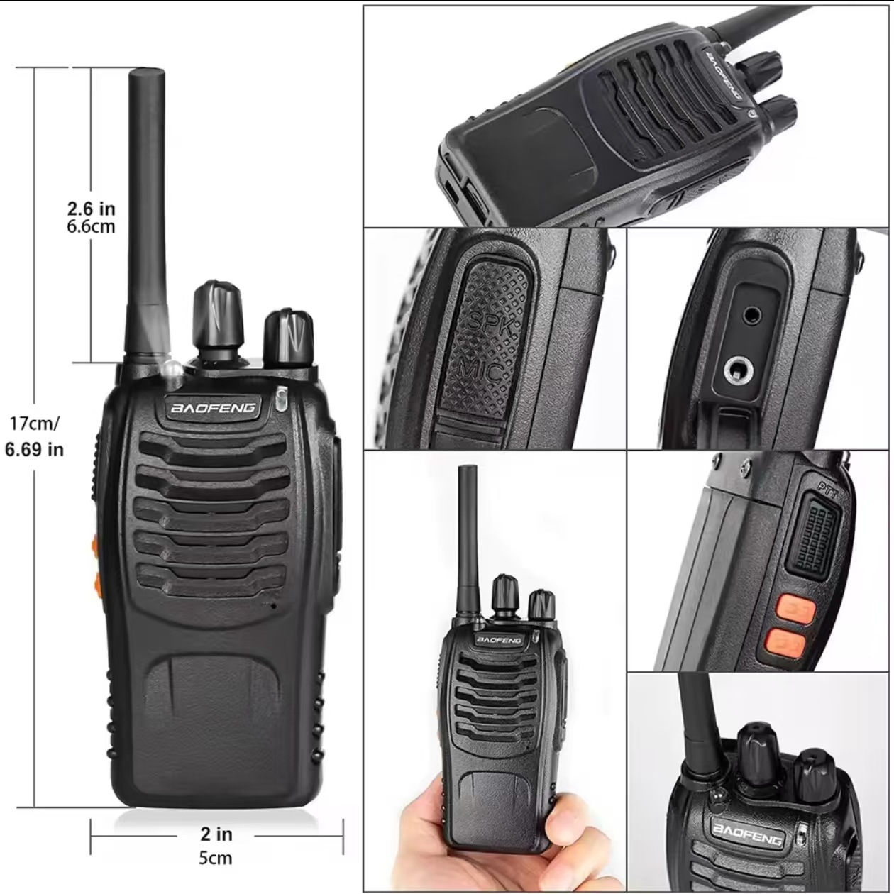 Ein schwarzes Walkie-Talkie mit mehreren Ansichten, die Details des Geräts, Knöpfe und Beschriftungen zeigen.