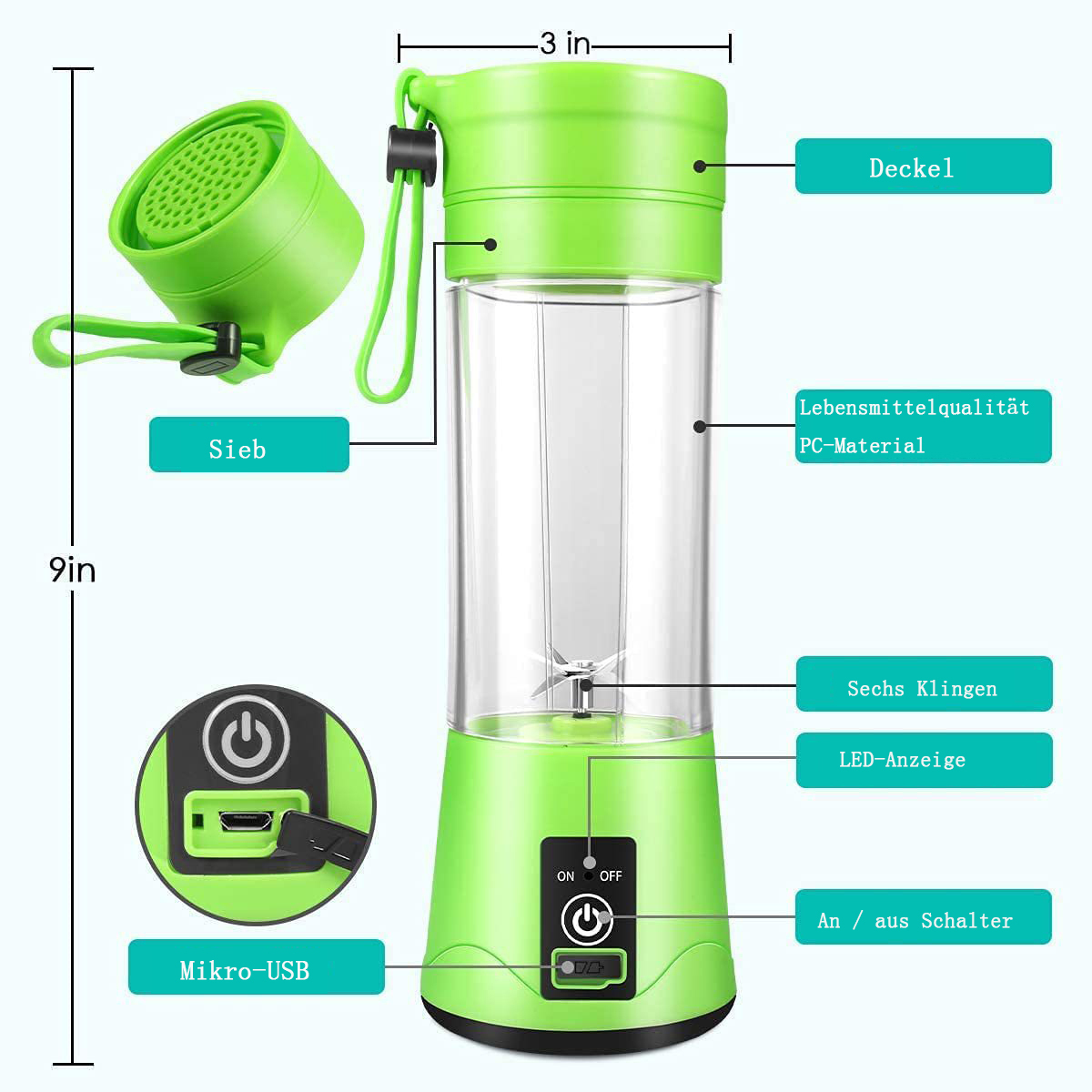 Grüner tragbarer Mixer mit deutschen Beschriftungen. Enthält ein Sieb, einen Deckel und einen Ein-/Ausschalter.