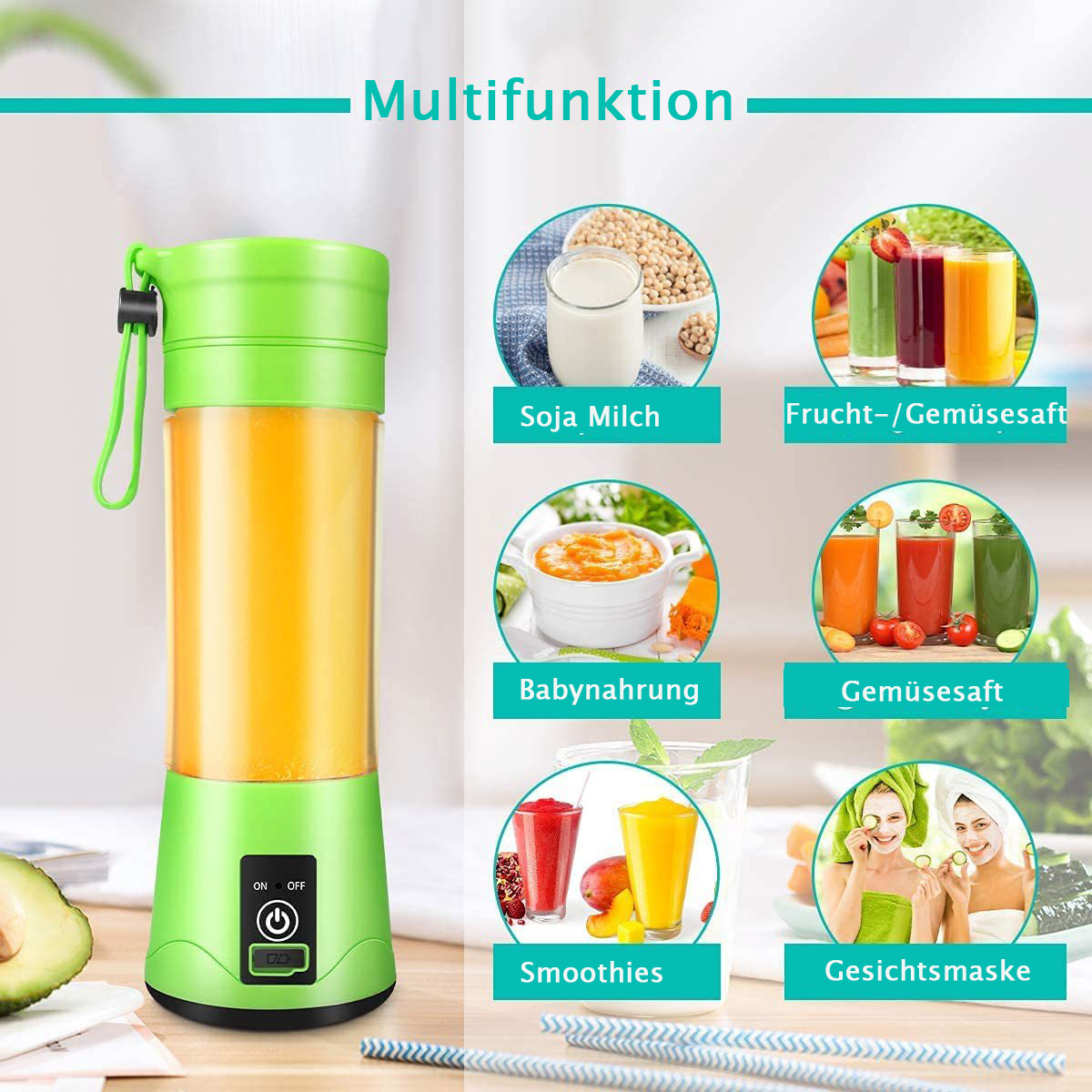 Grüner tragbarer Mixer mit Anwendungsbeispielen: Sojamilch, Saft, Babynahrung, Smoothies, Gesichtsmasken.