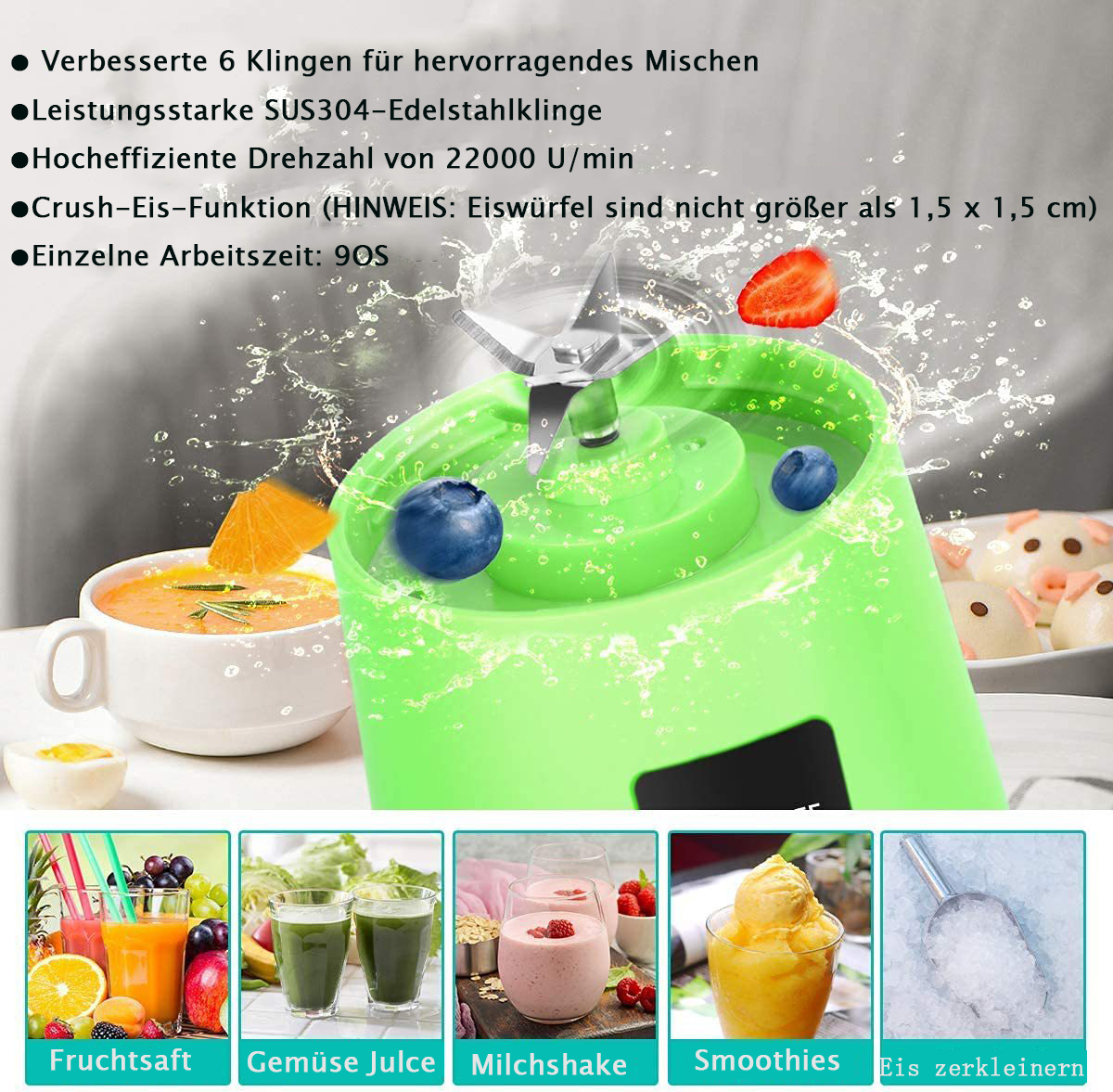 Ein grüner Mixer mit Früchten, Eis und Getränken. Bilder zeigen verschiedene Smoothies und Säfte.