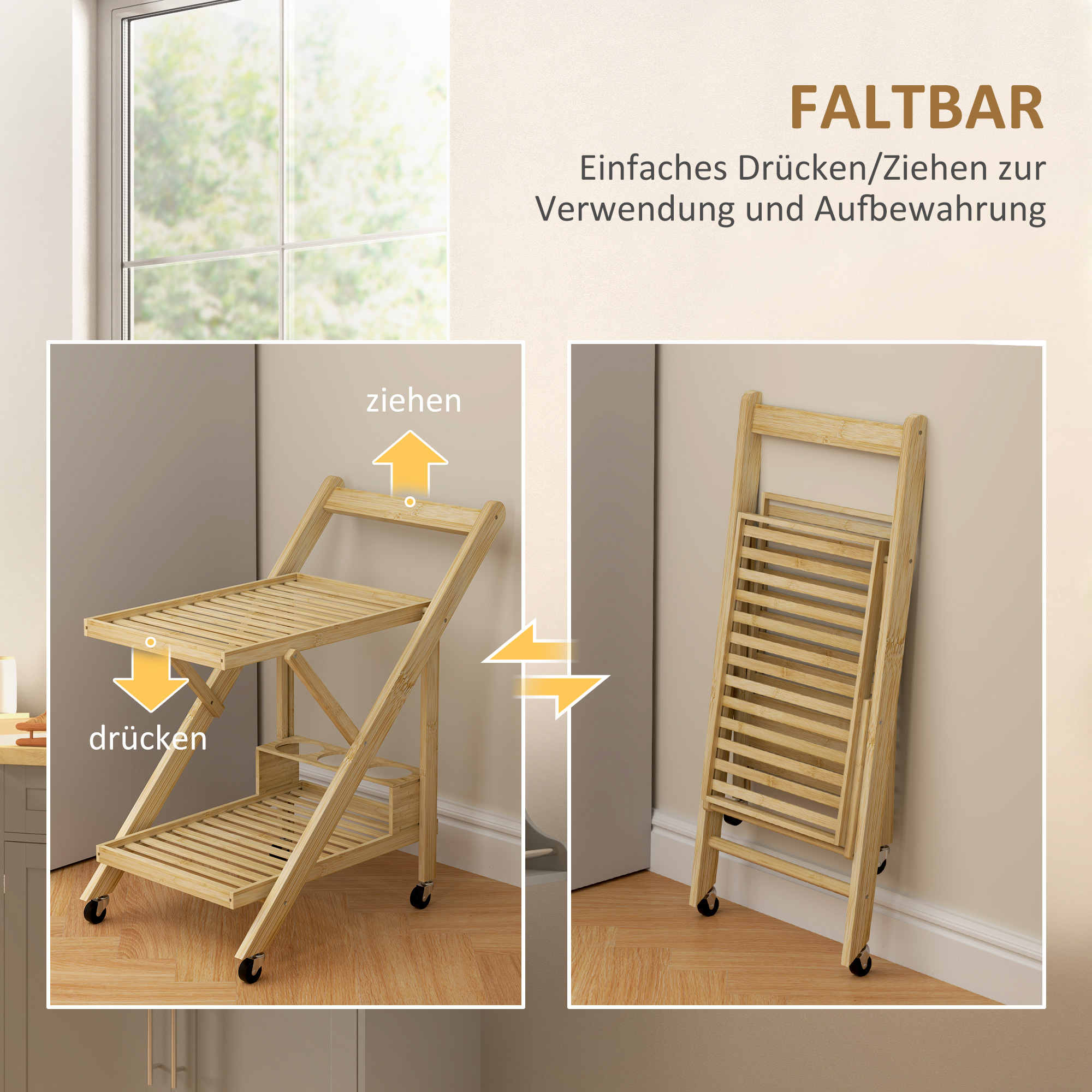 Ein zusammenklappbarer Servierwagen aus Holz wird in offener und geschlossener Position gezeigt.