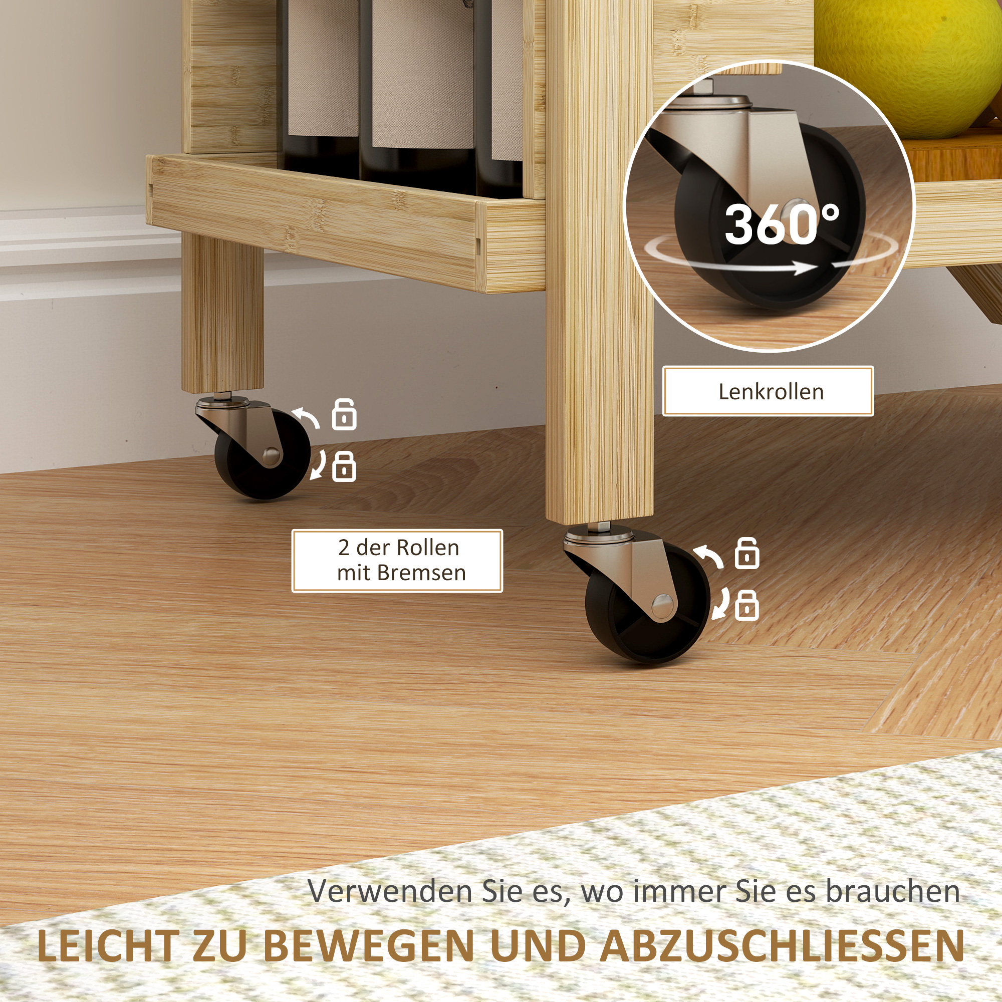 Nahaufnahme der Räder und Beine eines Servierwagens aus Holz. Text: Leicht zu bewegen und zu verriegeln.