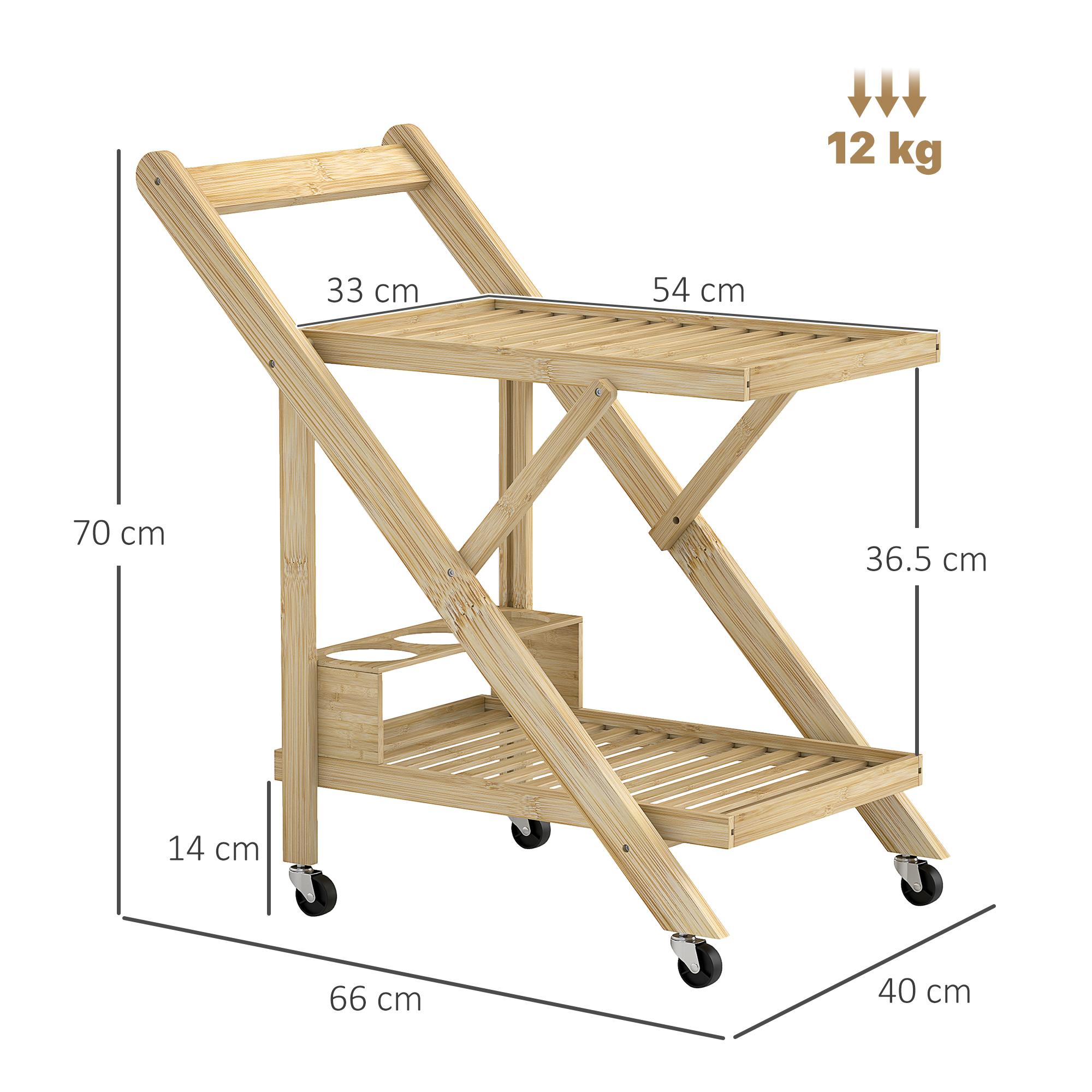 Servierwagen aus Holz mit Maßangaben: 70 cm, 66 cm, 33 cm, 54 cm, 40 cm, 36,5 cm und 14 cm.