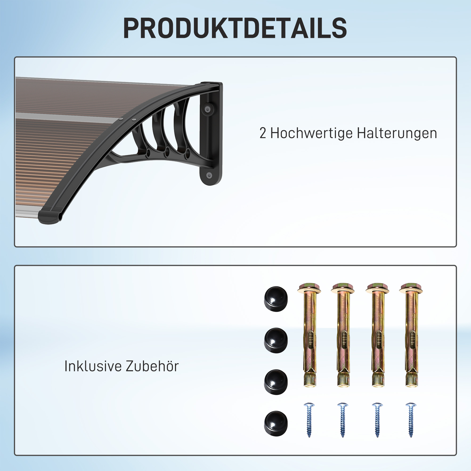 Nahaufnahme der Markisenhalterung und des Hardware-Kits, mit Text auf Deutsch.
