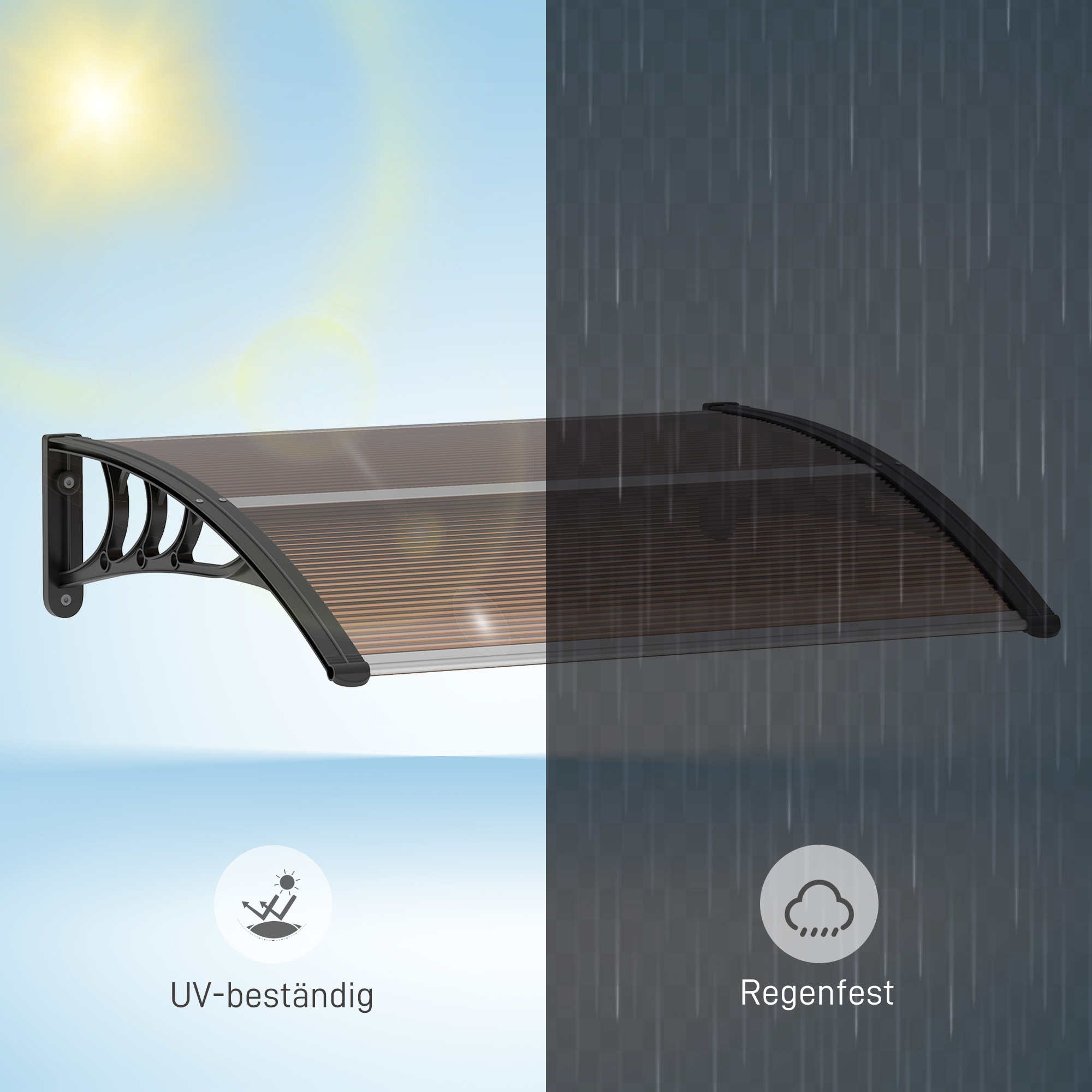 Markise bei Sonnenlicht und Regen, die UV-Beständigkeit und Wasserbeständigkeit zeigt.